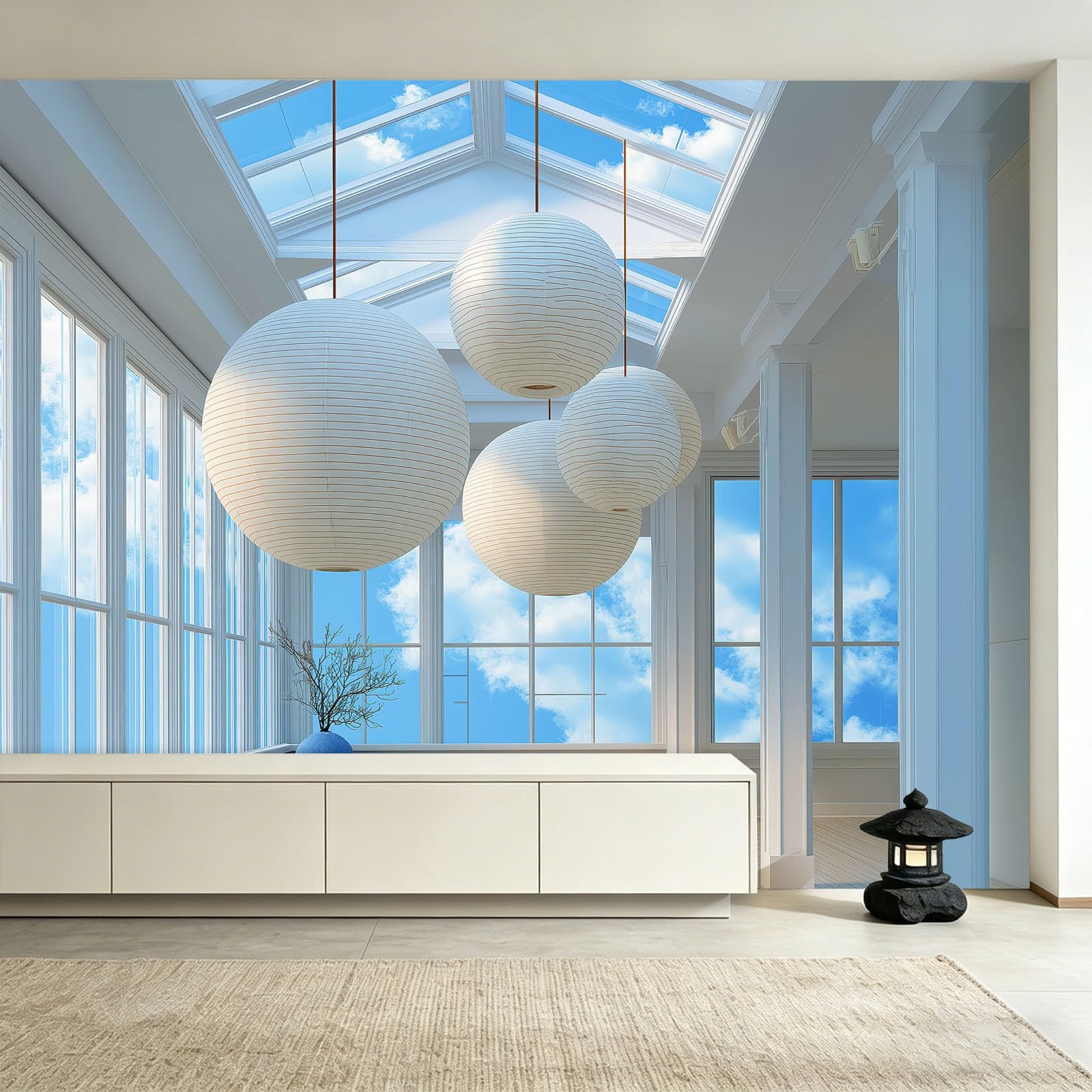 Tapeta - papierowe lampiony, niebieskie niebo, 350 x 256 cm (szer. x wys.), włóknina, druk artystyczny, polar, dekoracja ścienna, plakat, minimalistyczny do salonu, sypialni i kuchni, fototapeta