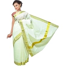 Kerala Saree Womens Cotton Cream Plain Golden Zari Bordered Traditional Elegance Onam Special Kavasu Sari