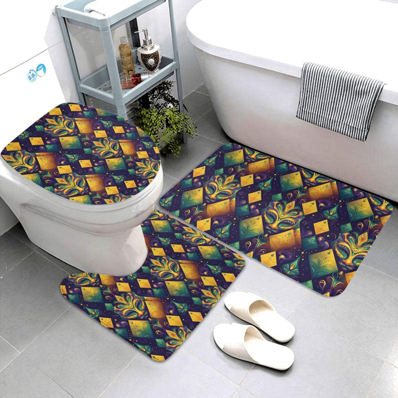 Tapis de salle de bain jaune et vert pour harmoniser la baignoire et les WC