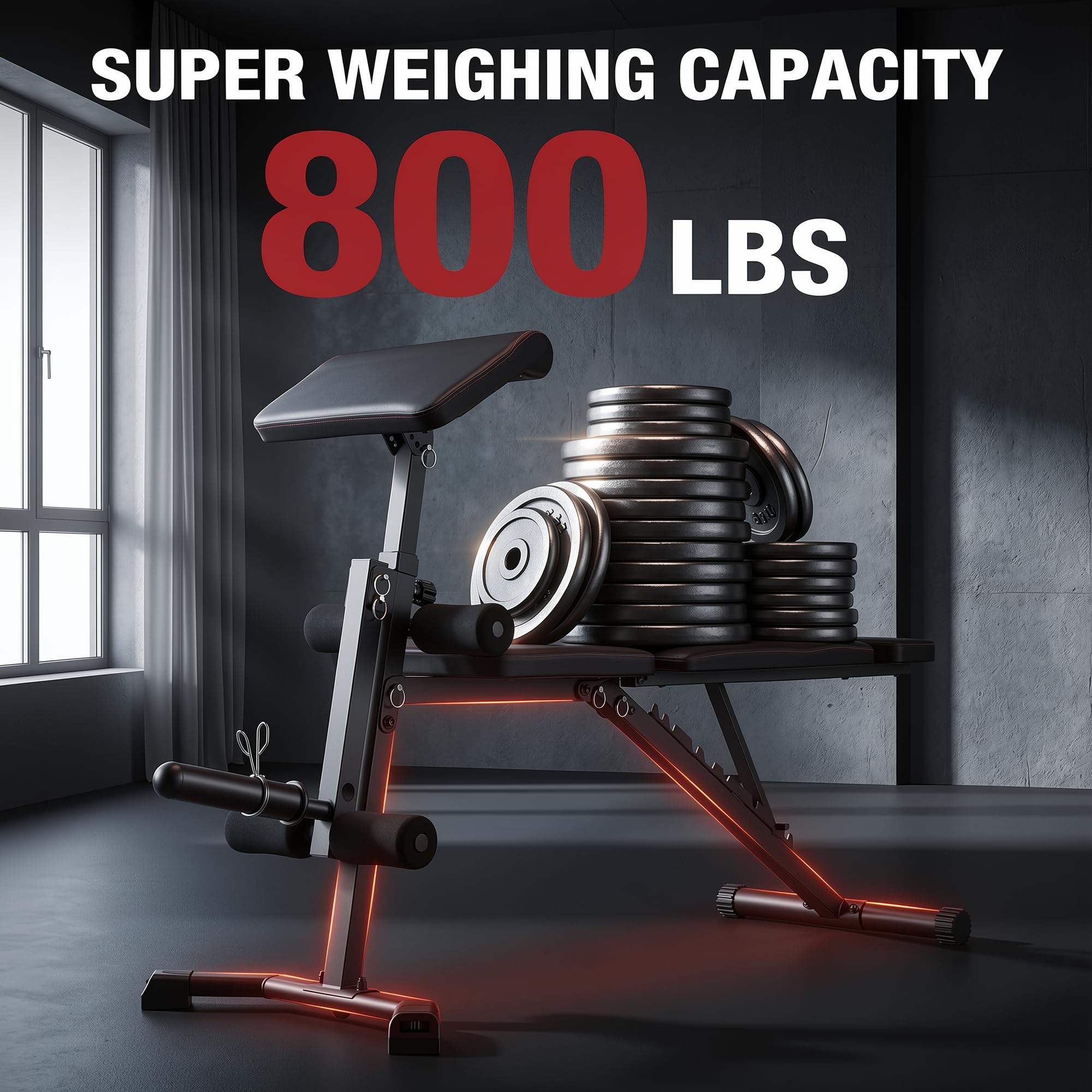 Adjustable Weight Bench for Home Gym | 800 LBS Capacity, Foldable Workout Bench with Leg Extension & Back Extension, Preacher Curl Bench for Full Body Training