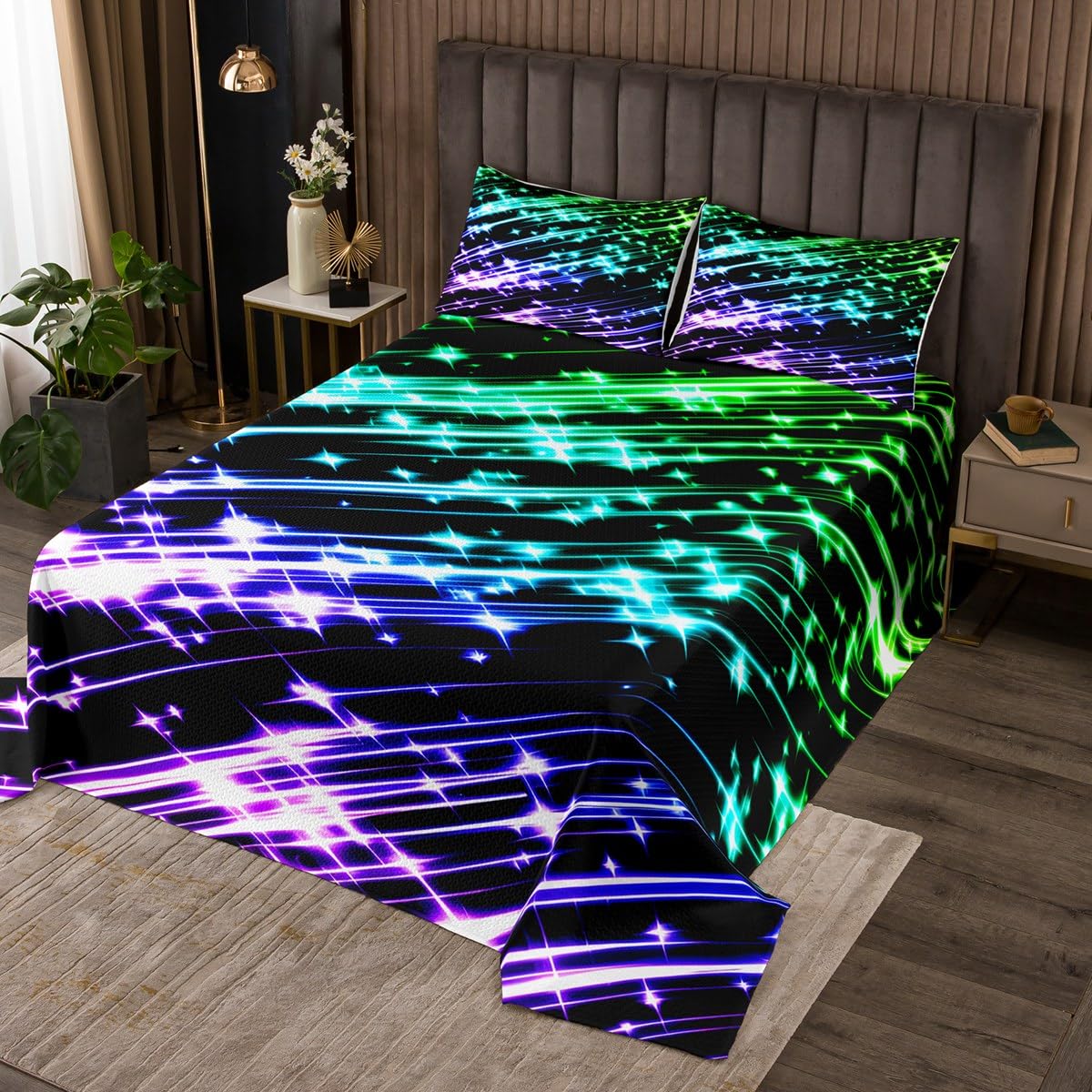 jejeloiu Kids Sparkling Geometry Quilted Coverlet Twin Size, Colorful Streaks Bedspread Boys Girls Cool Lightsaber Coverlet Set Teens Bedroom Decor with 1 Pillow Case