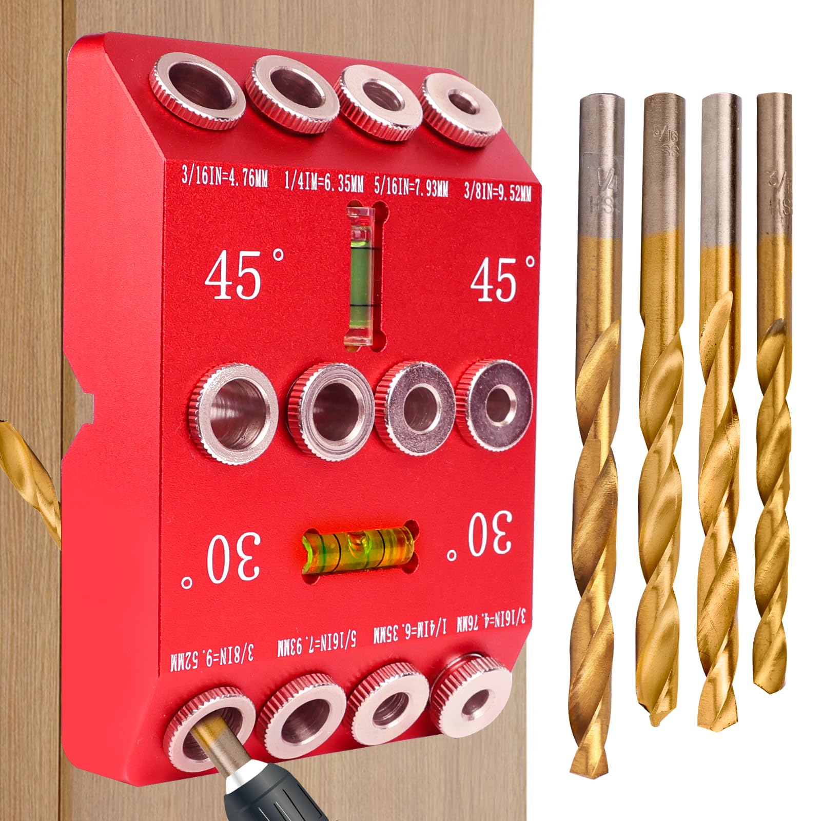 30 45 90 Angle Drill Guide Jig with 4 Drill Bits-Portable Drill Guide for Angled Holes and Straight Hole, All Metal Jig for Stairs Handrail, Cable Railing, Deck, Wood Post, Level design