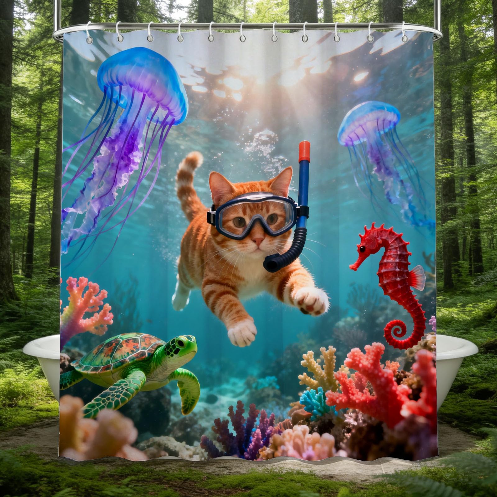 Hongduo White 3D Diving Cat Shower Curtain For Stalls Bathtubs Coral Reef Bathroom Decor Shower Curtain Set Polyester Fabric Waterproof 200X200cm/79X79 Inch With Hooks