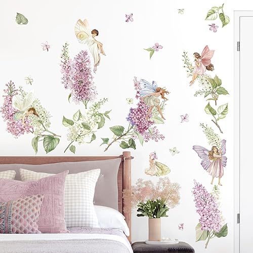 wondever Calcomanías de pared de flores lilas moradas y blancas, diseño de elfo floral de hadas, calcomanías de arte de pared para dormitorio de
