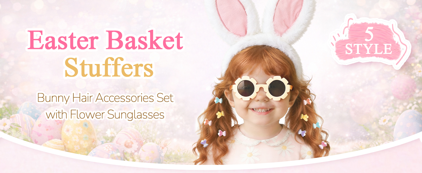 Easter Basket Stuffers - Easter Gifts for Kids - Hair Accessories Set with Plush Ear Headband Hair Ties Clips Sunglasses - Children Baby Toddler Kid Girls Bunny Fillers Gift ideas Ages 1-3 3-5 5-7 6-8