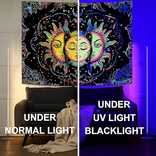 Miniatura 4 de Lifeella Tapiz de sol y luna con luz negra, tapices reactivos a los rayos UV que brillan en la oscuridad, estético místico para colgar en la pared,