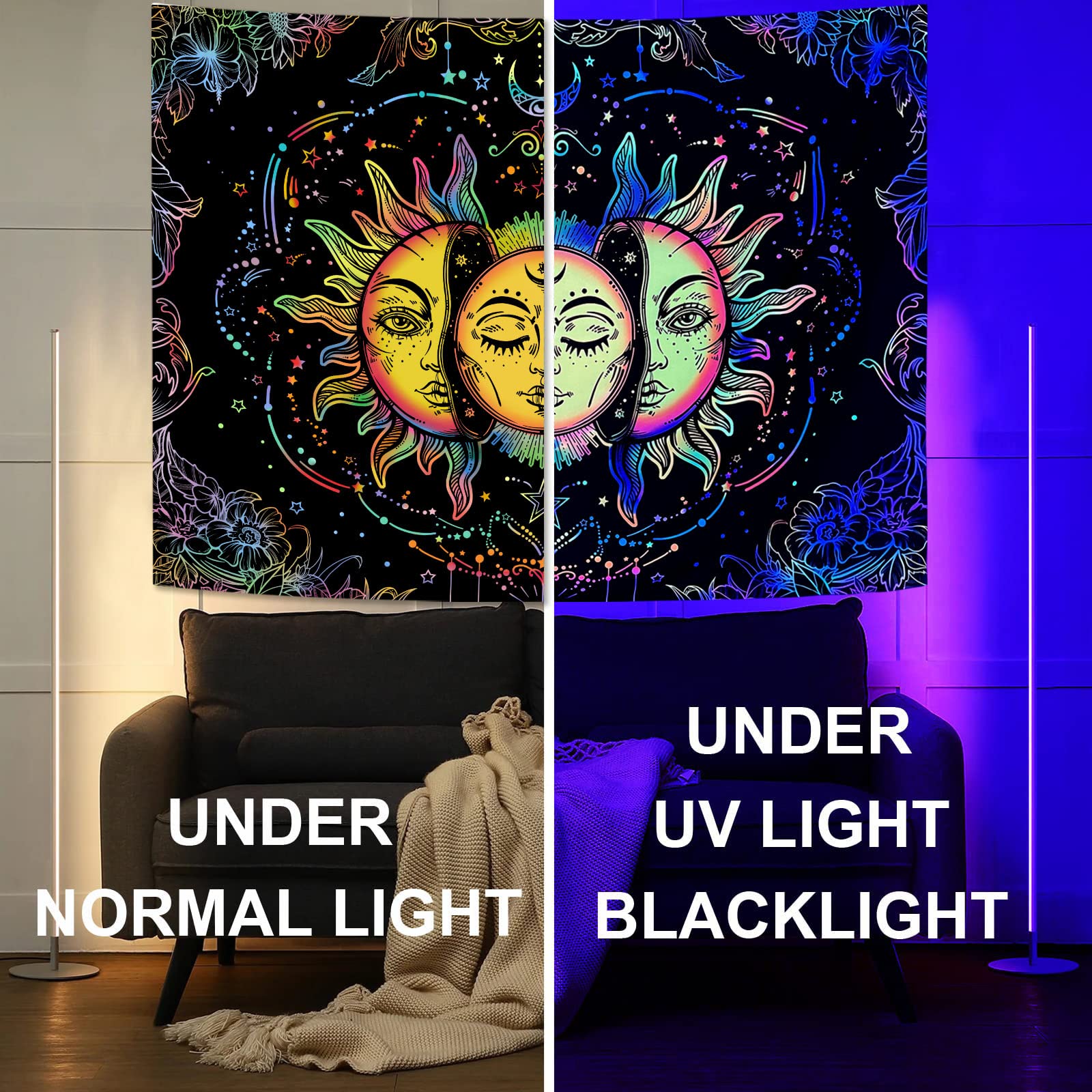Lifeella Arazzo di luce nera sole e luna, raggi UV reattivi che bruciano il sole si illuminano al buio estetico mistico da appendere alla parete colorato (Mutil, 150 x 200 cm