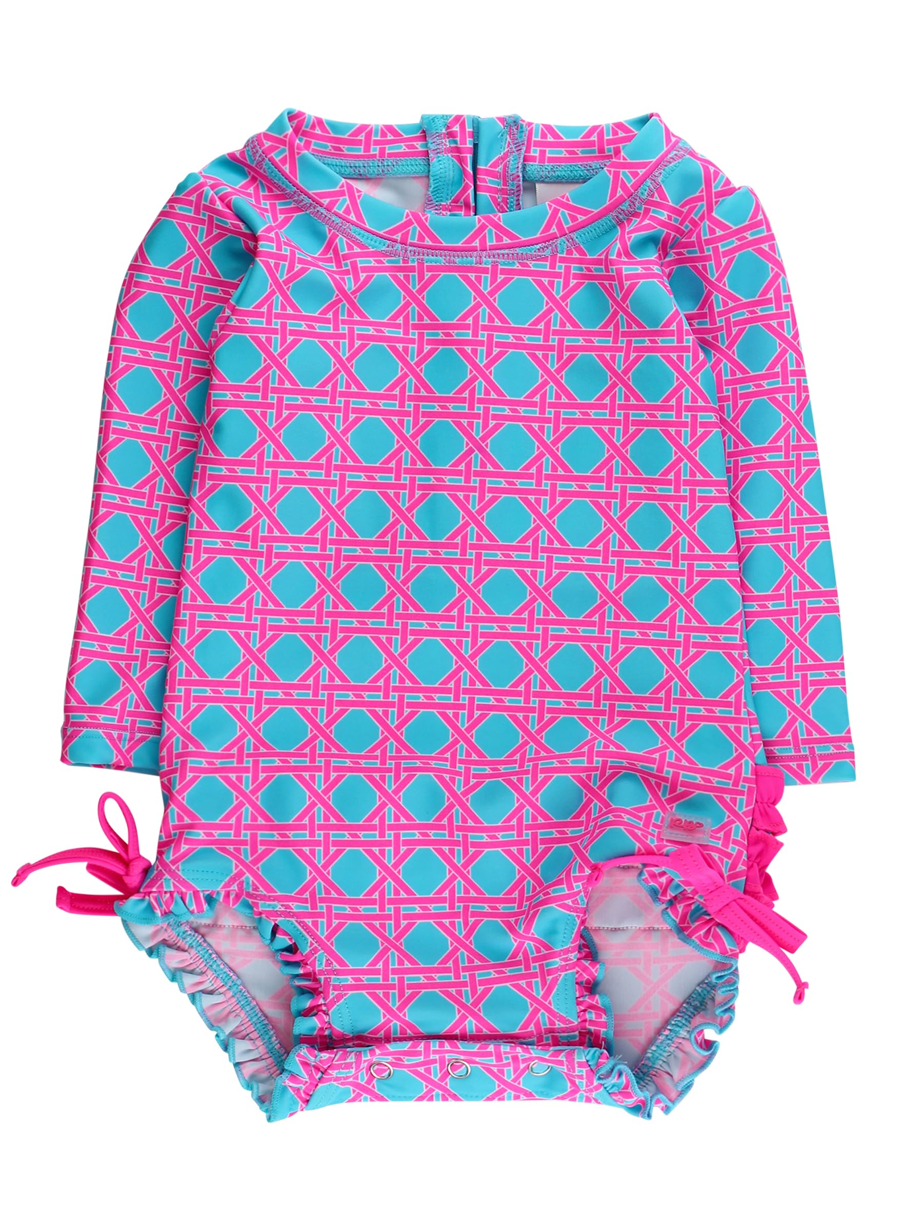 RuffleButts Baby Girls Novelty Baby One Piece - Rash Guard Swimsuit | 80% Nylon 20% Spandex, UPF 50+, Lightweight, Medium Stretch, Full Seat Coverage, Bottom Snaps, Unlined, Infant Beach Swim