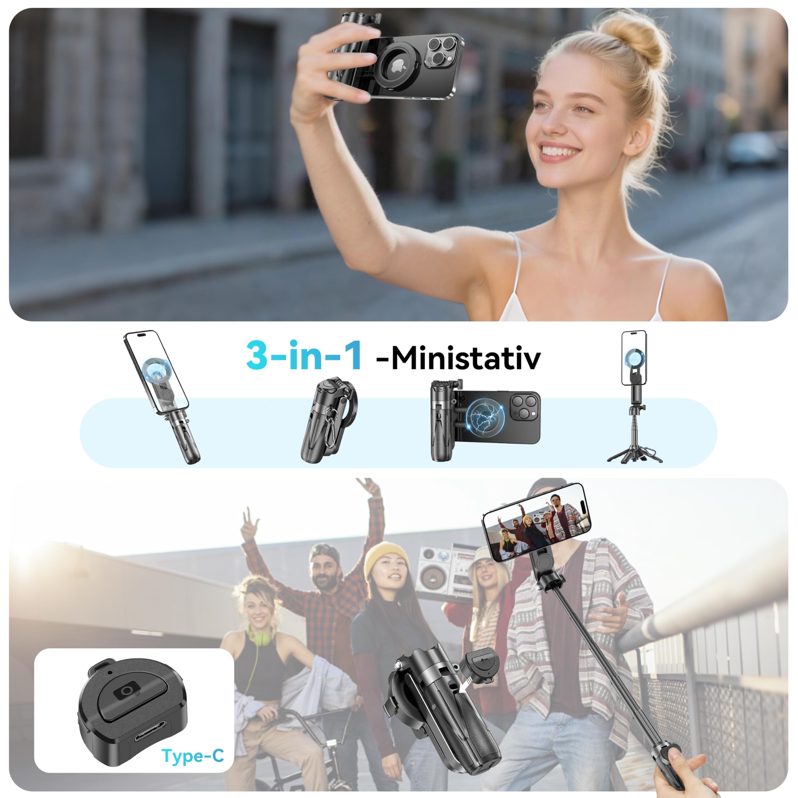 FOURPILLARS Magnetisches Mini Selfie Stick Stativ, Tragbares Selfiestick Klein mit Abnehmbarer Bluetooth-Fernbedienung für Fotos, 360° Drehung, Kompatibe mit iPhone & Android