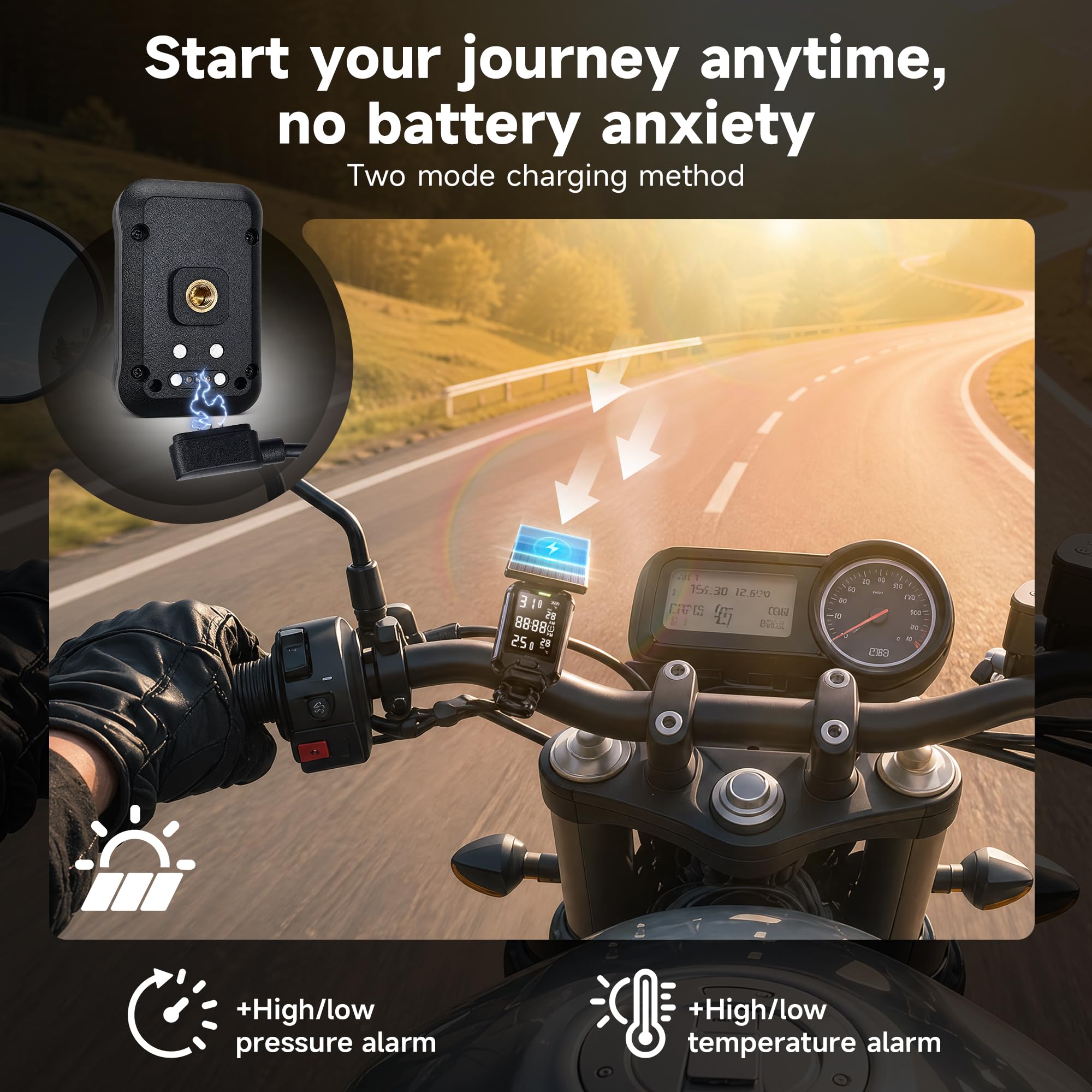 MOMAN Solar TPMS Motorrad Reifendruckkontrollsystem 2 Sensoren Bildschirm | IP67 wasserdicht & staubdicht, LCD-Display, kabellose Sensoren, Druck & Temperaturalarm, kompatibel mit iOS/Android