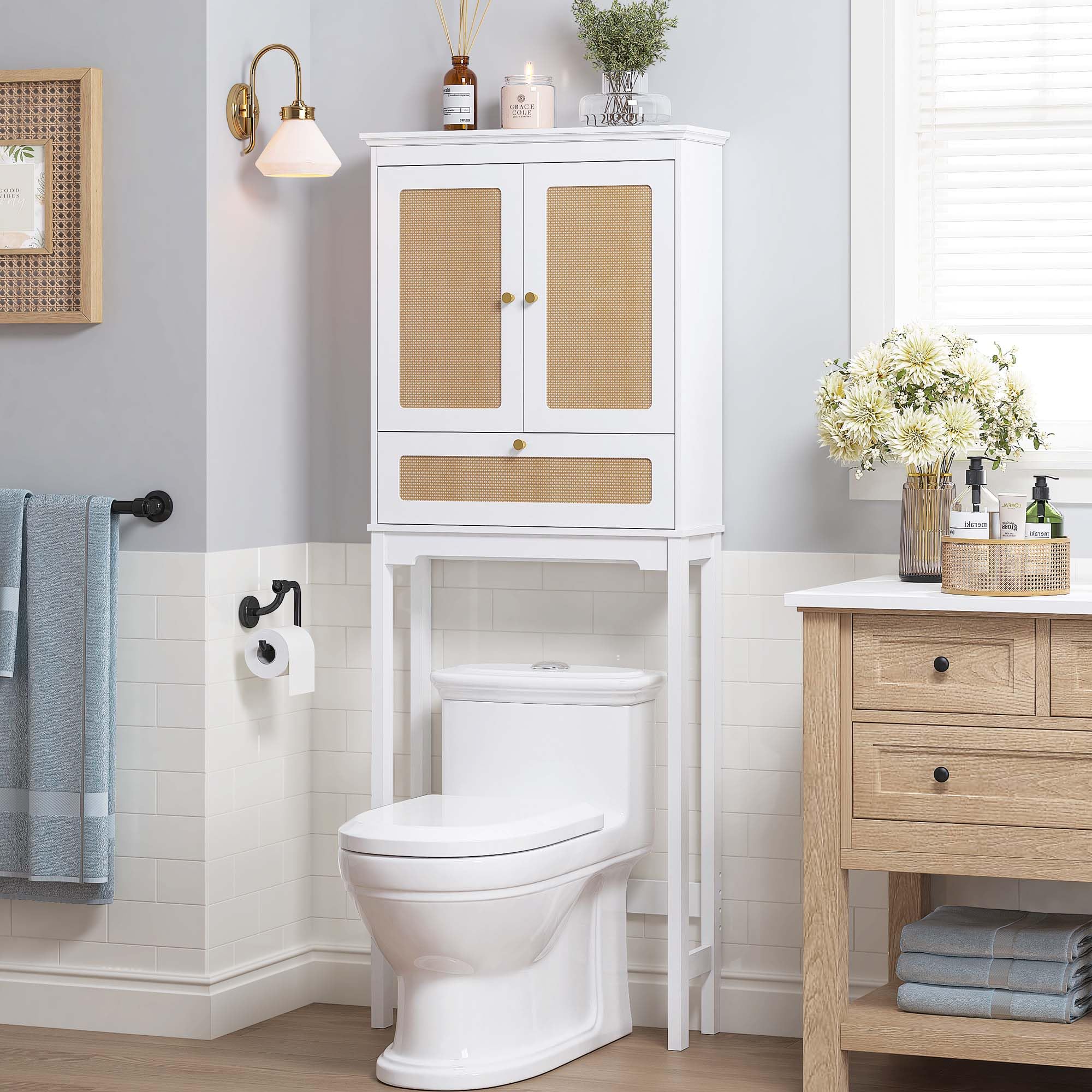 Spirich Over The Toilet Storage Cabinet with Rattan Doors, Over Toilet Bathroom Organizer with Tilt-Out Cube and Adjustable Shelf