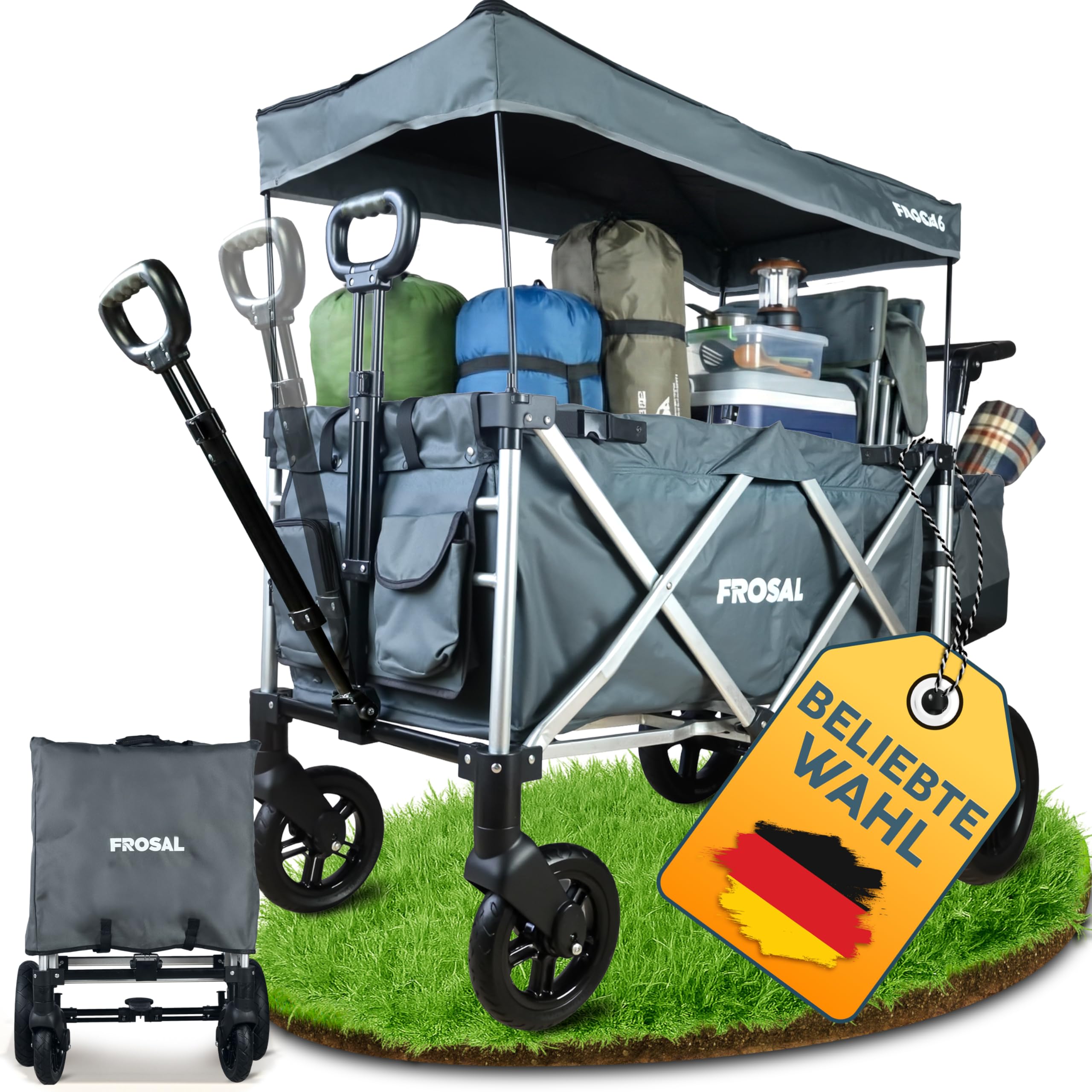 FROSAL Bollerwagen Victor faltbar mit Dach & Bremse – Handwagen klappbar für Kinder, Garten, Camping & Strand – 80kg belastbar, 360° Räder, viel Stauraum, Transportwagen mit Sonnendach