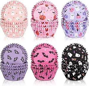 300Pcs Halloween Cupcake Liners Pumpkin Ghost Spider Web Bat Paper Baking Cups Pink Purple Orange Black Standard Muffin Cupcake Wrappers for Party Supplies Table Decor