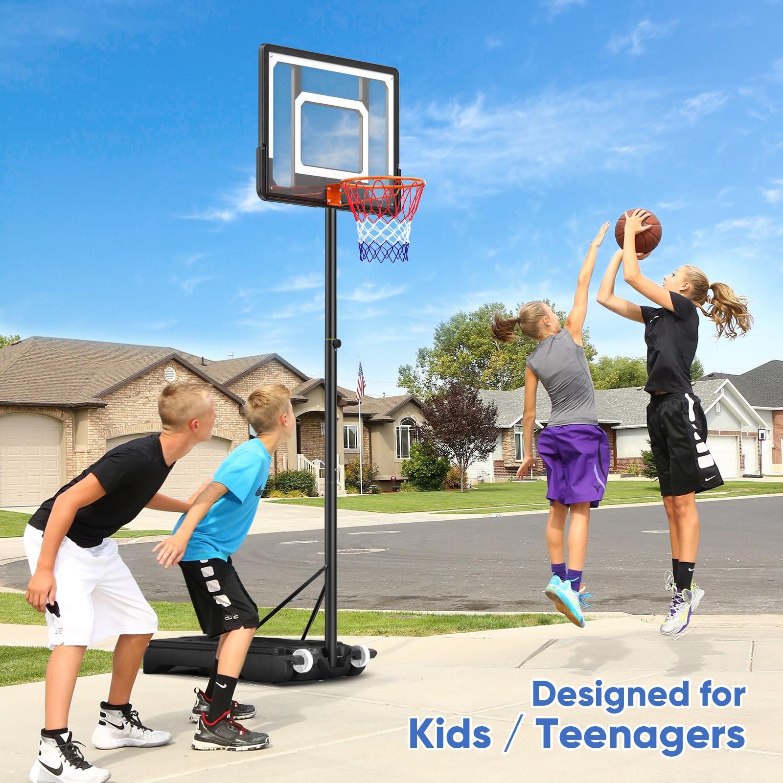 Canasta de baloncesto al aire libre para niños/jóvenes, soporte de baloncesto portátil, altura ajustable, cesta ajustable, viene con dos redes de baloncesto, para deportes de interior y exterior (154