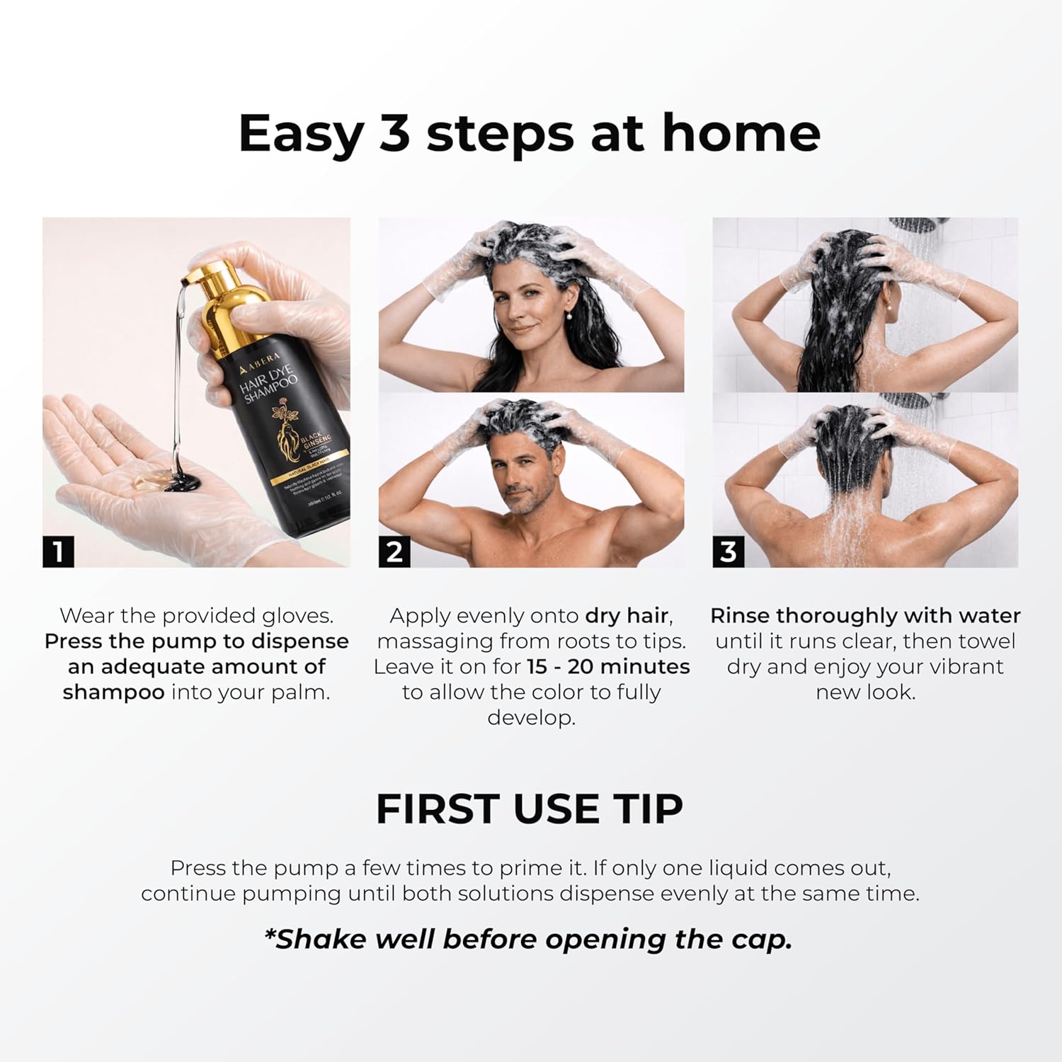 ABERA Hair Dye Shampoo, Black Hair Color for Gray Hair Coverage for Women and Men, 3 in 1 Formula for Healthy Hair, One-wash Hair Blackening Treatment with Natural Dark Color (10.1 Fl. Oz.)