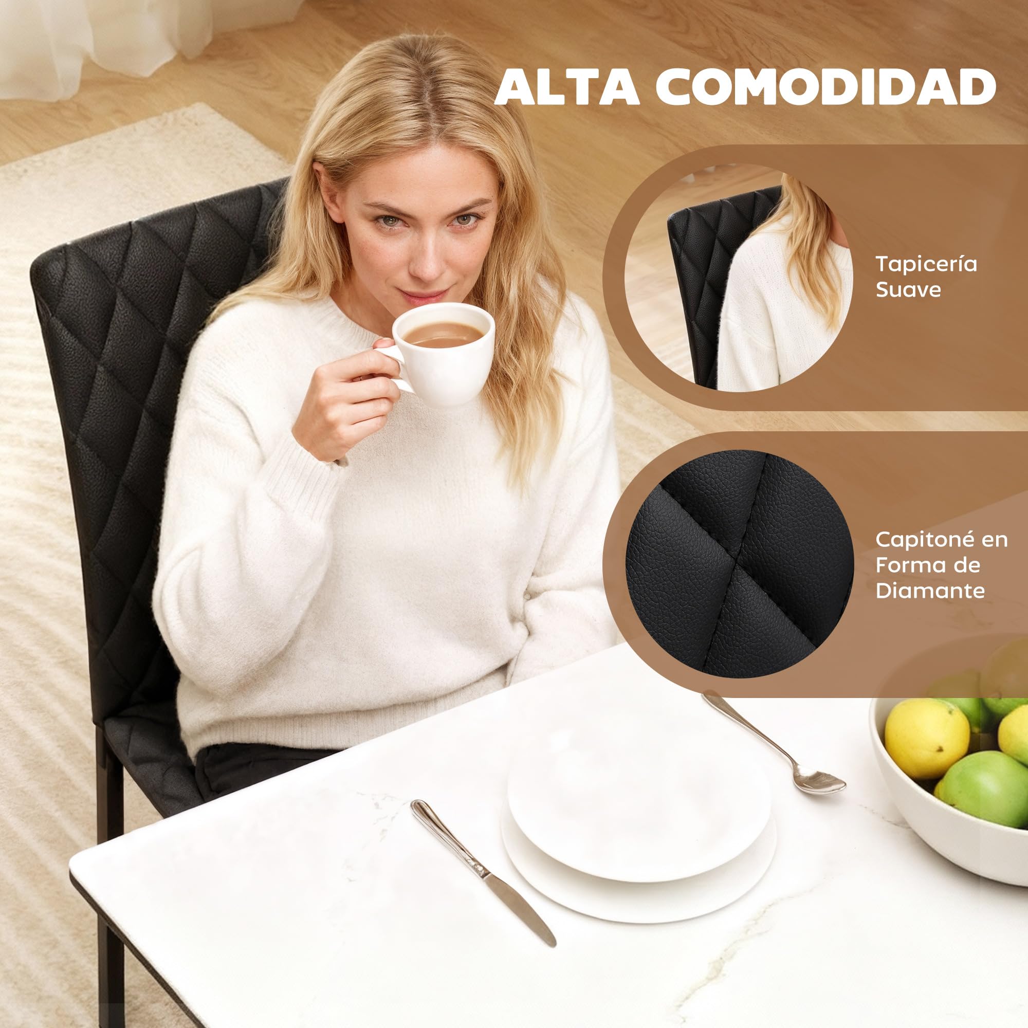 HOMCOM Pack de 4 Sillas de Comedor Modernas Respaldo Alto Negro | Sillas de Cocinas Modernas, Costuras Decorativas de Diamantes, Tapizadas en Cuero Sintético, Patas de Acero, Carga 120 kg