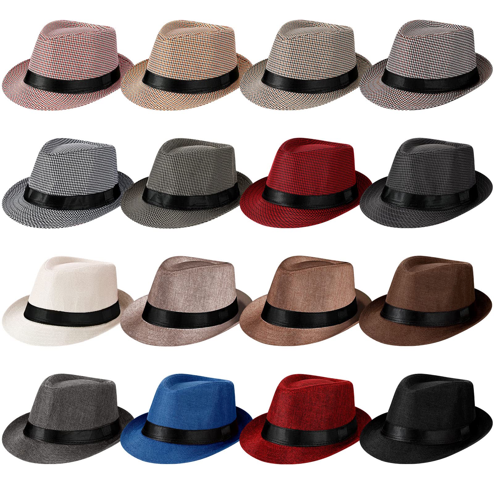 16 Pcs Bulk Fedora Hat for Men Pork Pie Panama Hats, Retro Colors
