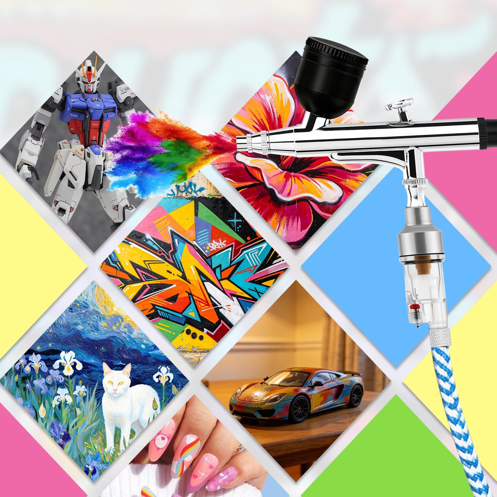55PSI Airbrush-Set mit Kompressor, Doppelwirkungs-Airbrush mit 3 Modi und 0,2/0,3/0,5 mm Düsen, Enthält 10 Flaschen Acrylfarbe und 2 Flaschen Reinigungslösung Geeignet für Bastelarbeiten, Tattoos us.