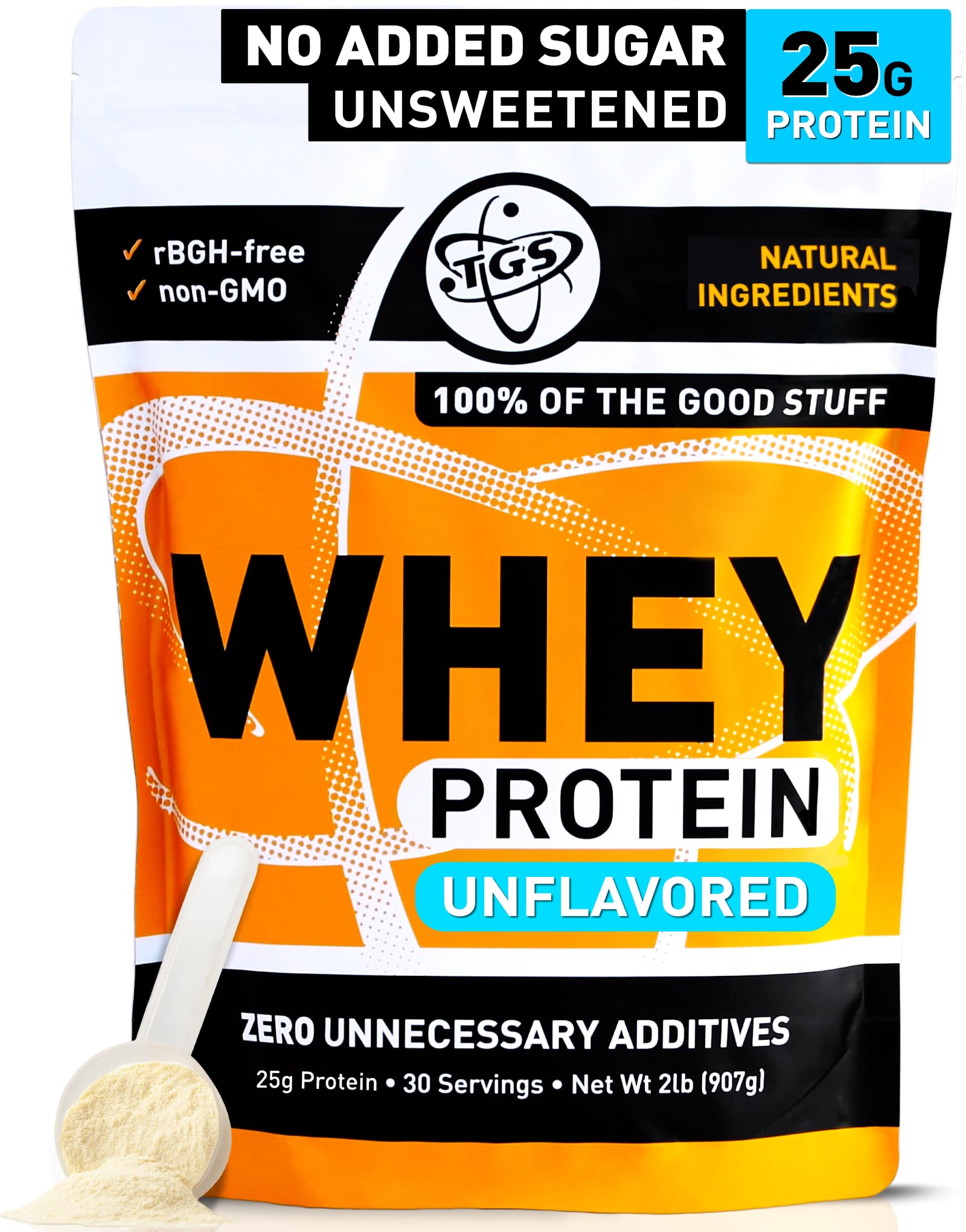100% Whey Protein Powder Unflavored, Unsweetened for Men & Women - Clean, Natural, No Artificial Ingredients - 2lb, Soy Free, No Gluten, Keto, Low Carb - Post Workout Muscle Growth