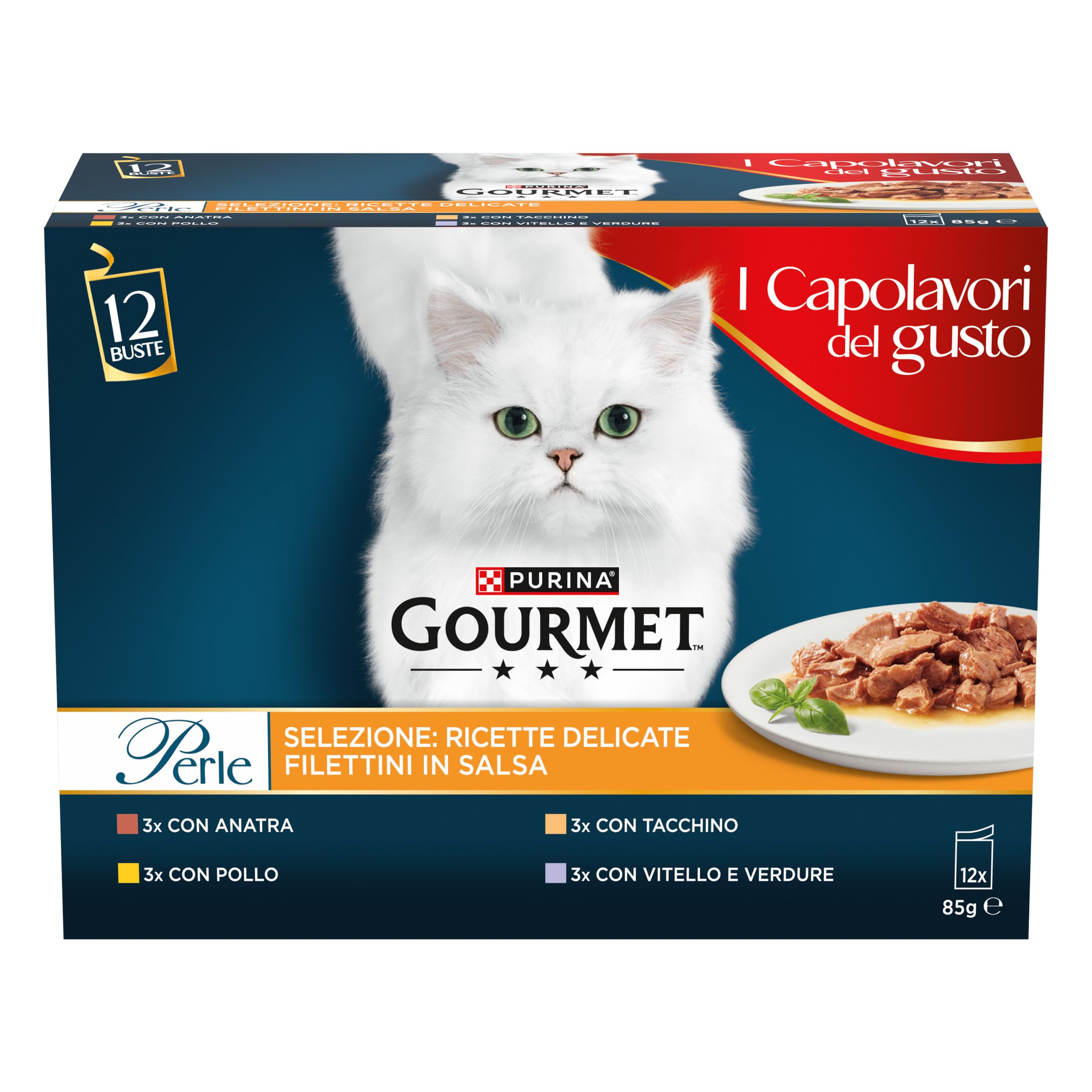 Gourmet Perlas húmedas para Gatos en Salsa con Pollo, Pato, Pavos, Ternera con Verduras, 72 Bolsas de 85 g Cada una (6 Paquetes de 12 x 85 g)