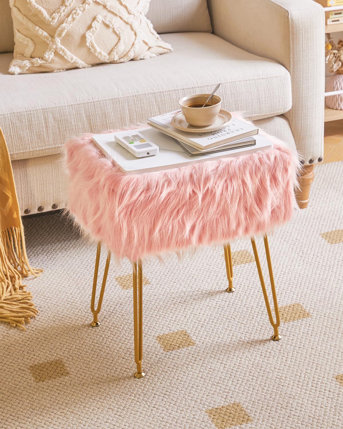 IBUYKE Rectangular Faux Fur Vanity Stool con Almacenamiento, Silla de Maquillaje Peluda otomana, Asiento Acolchado Suave, reposapiés Redondo con 4 Patas de Metal, Rosa WBD022P
