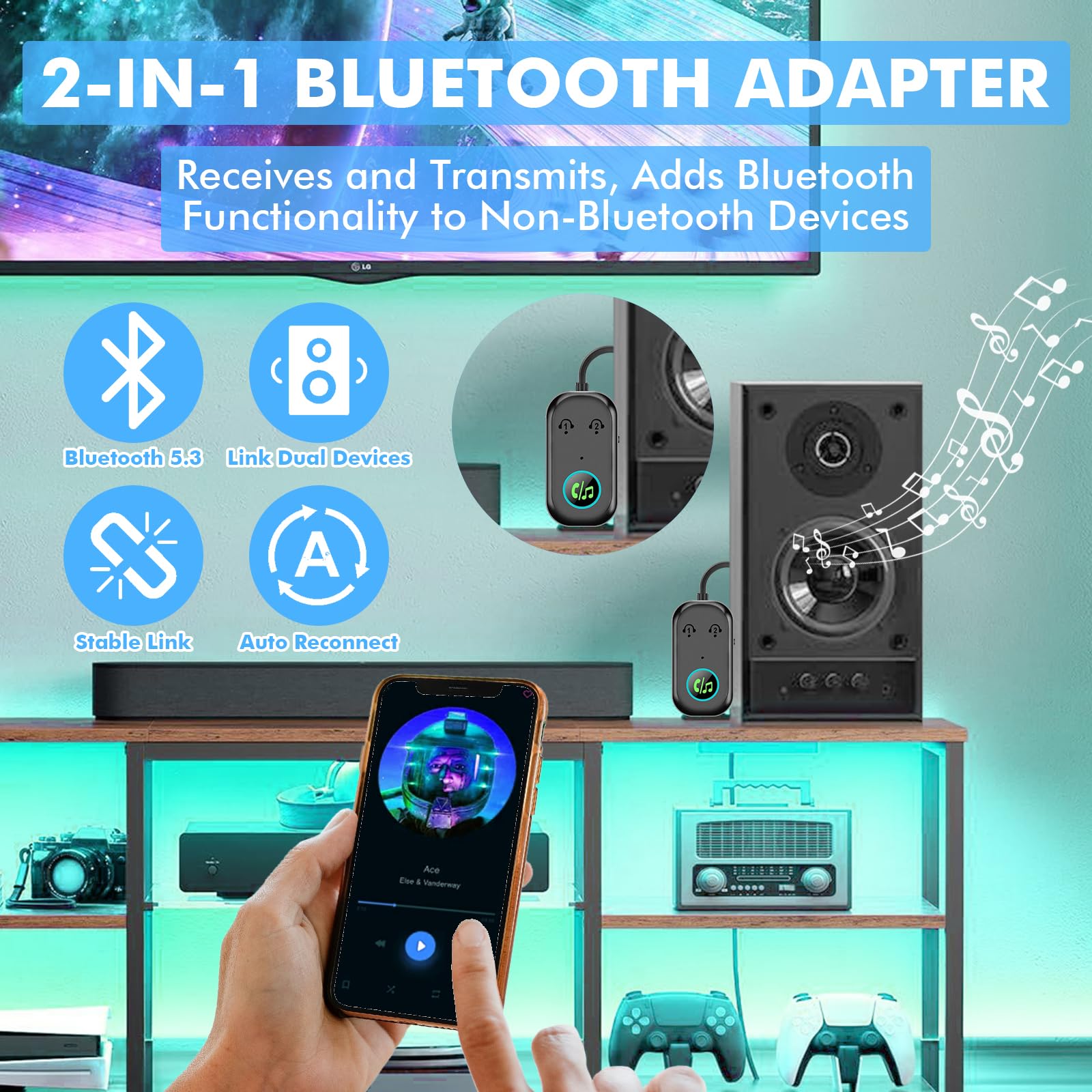GIBOHOM Trasmettitore Bluetooth 5.3, Adattatore Bluetooth 2-in-1, Adattatore Cuffie Aereo Supporta 2 Auricolare, 3.5 mm AUX Jack Trasmettitore per TV, Telefono Mobile, Car Audio Systems, Palestra