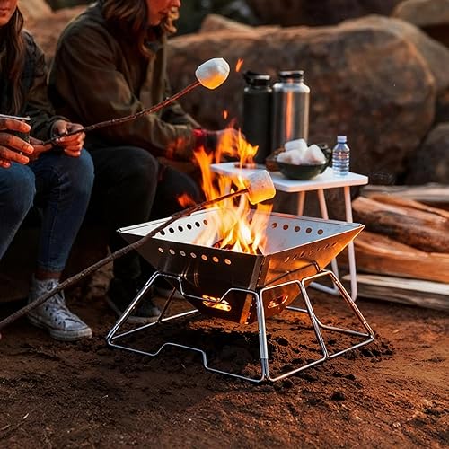 Miniatura 9 de Lineslife Fogata plegable con parrilla para camping, hoguera portátil plegable con parrilla de fogata y bolsa de mano para patio trasero, patio,