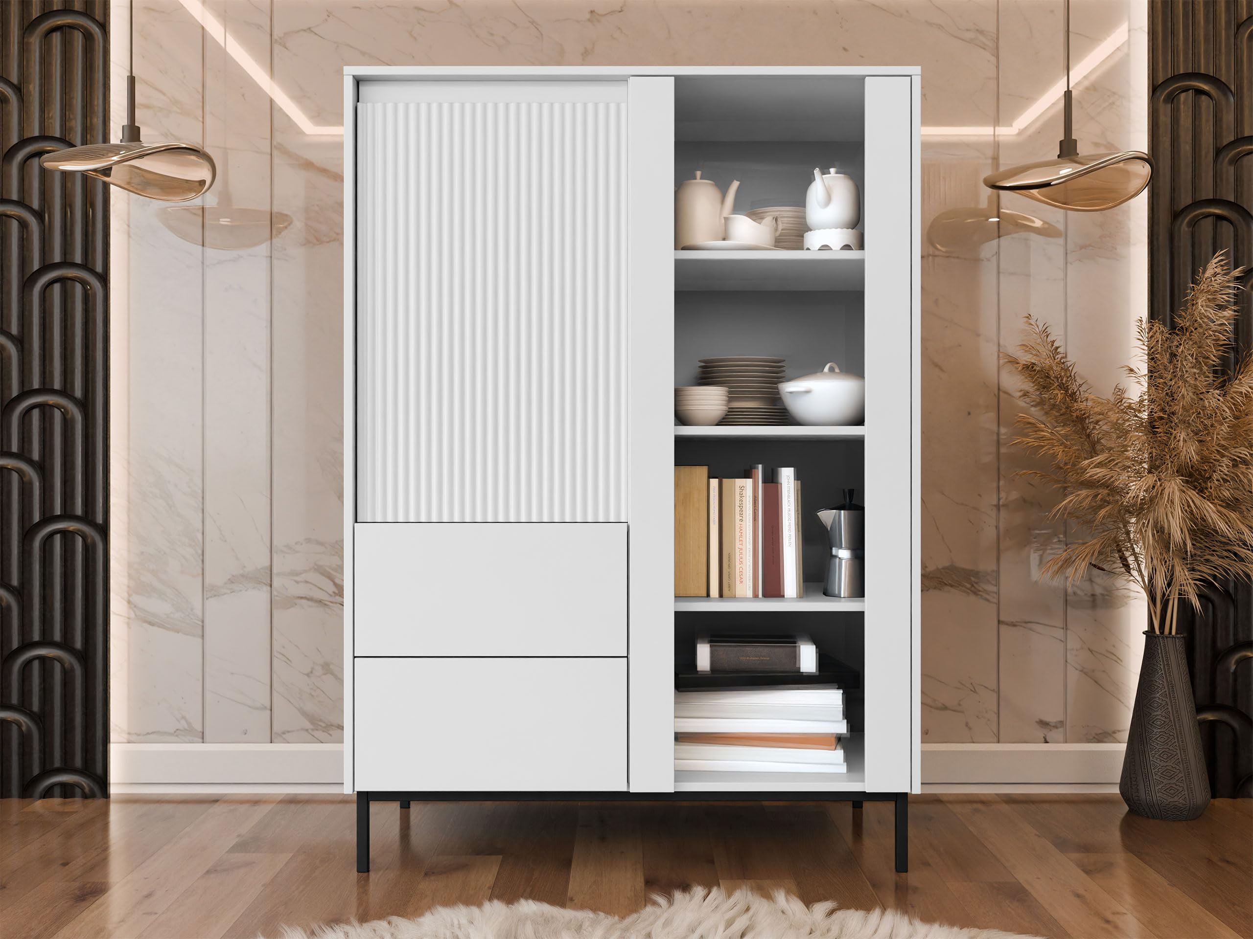 Mirjan24 Standvitrine Ozmi 2D2S, Vitrine mit 2 Türen und 2 Schubladen, innen 7 Fächer, Metallfüße, Push to Open, geriffelte Fronten, Vitrinenschrank für Wohnzimmer (Weiß)