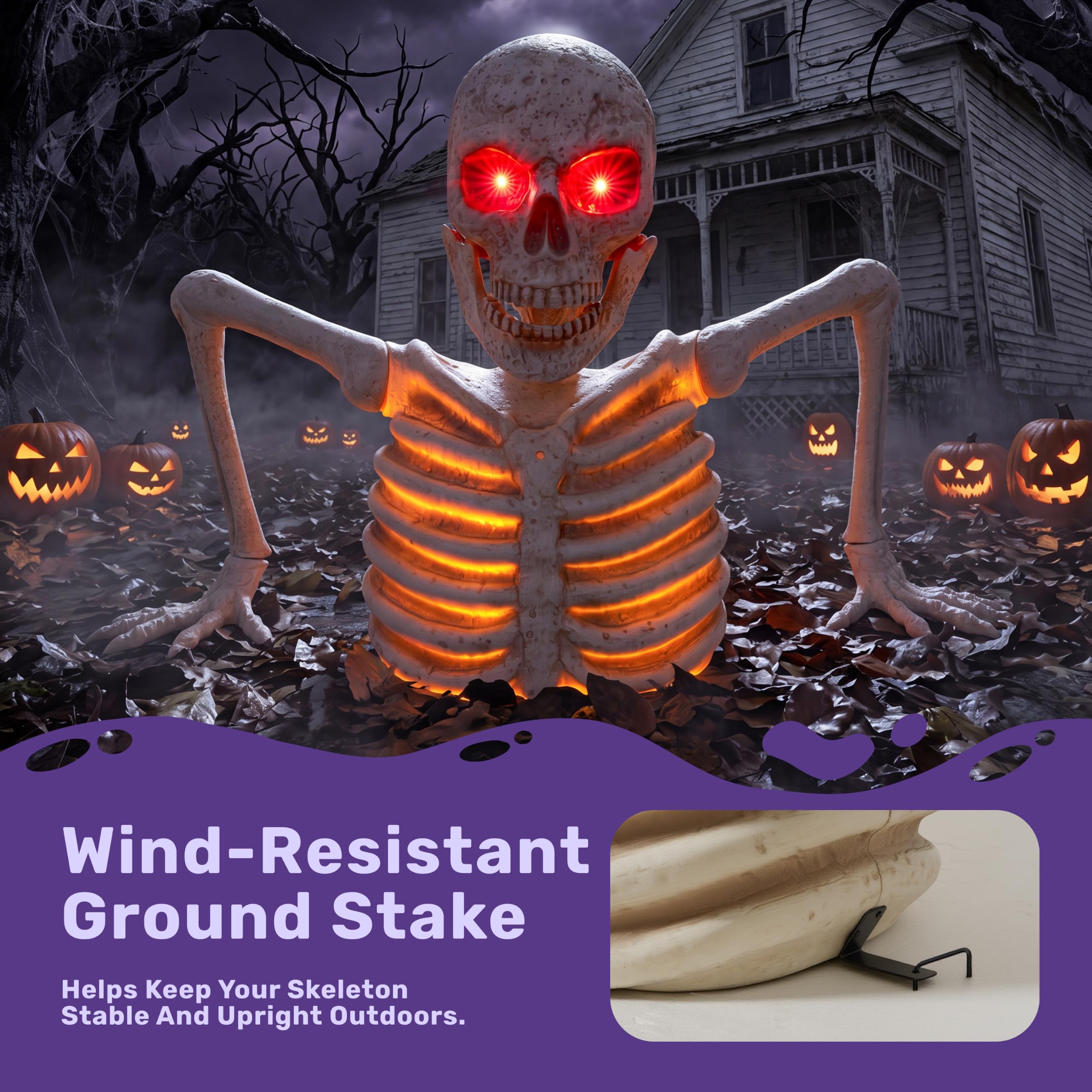 JOYIN Halloweenowe dekoracje szkieletowe, podświetlane, animowane, gigantyczne szkielety, cmentarz z czujnikiem podczerwieni, przerażający dźwięk, straszna dekoracja na zewnątrz, Halloween, do