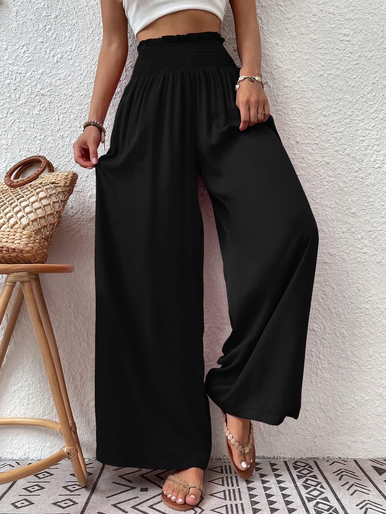 Cicy Bell Pantalon Palazzo pour femme, droit, ample, élastique, avec poches