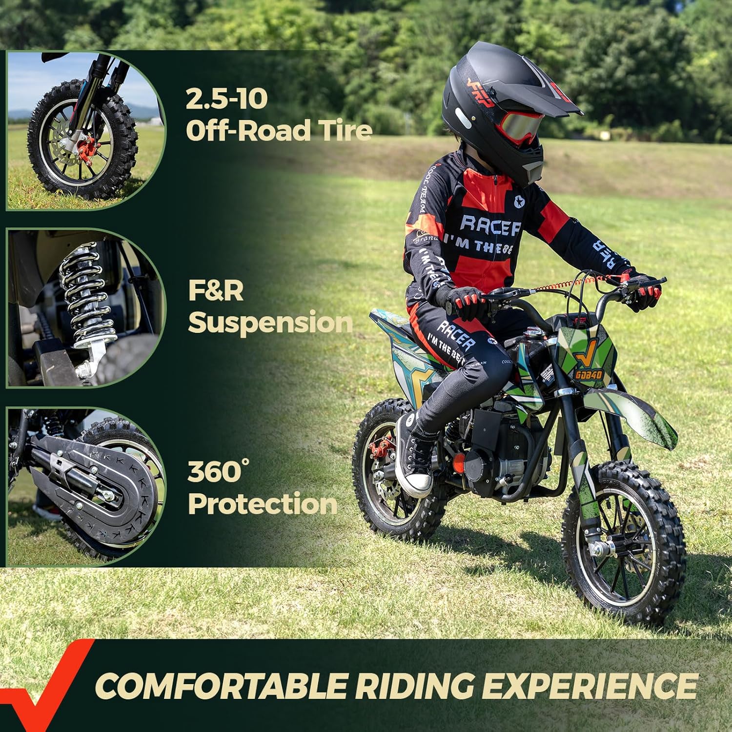 FRP FX40 40CC Kids Gas Dirt Bike, 4-Stroke Off-Road Mini Motorcycle with Goggles, Gloves & Neck Gaiter, 20 MPH Max Speed, Easy Pull Start Engine, Dual Disc Brakes, 132 LBS Rider Limit,Green