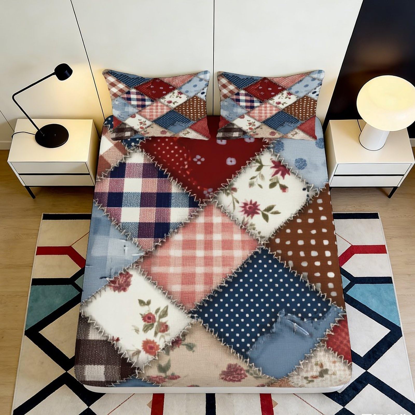 Jqzkxnhpbr Style-2 3D Printed Patchwork Vintage Floral Fitted Sheet Microfiber Soft Anti-Slip Geometric Bed Cover For Bedroom Dorm Decor 90X200x25cm
