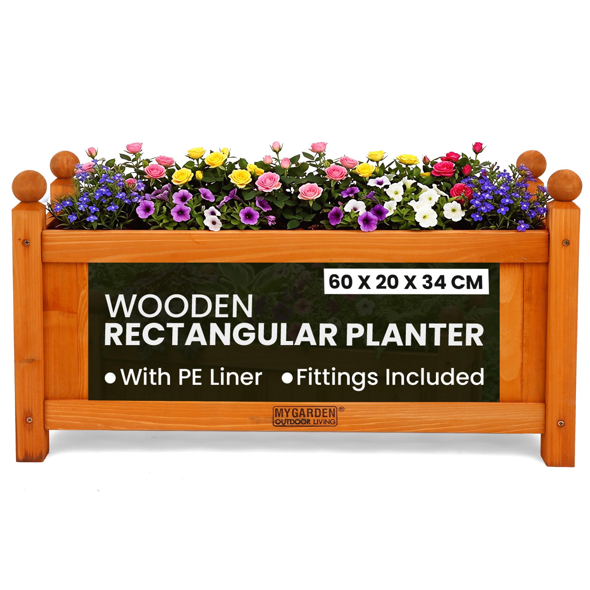 My Garden Wooden Rectangular Trough Planter with PE Liner - 60 x 20 x 34 cm Weather Resistant Wooden Planter Box for Patios, Gardens & Decking - UV Resistant, Easy Assembly, Ideal for Plants & Shrubs