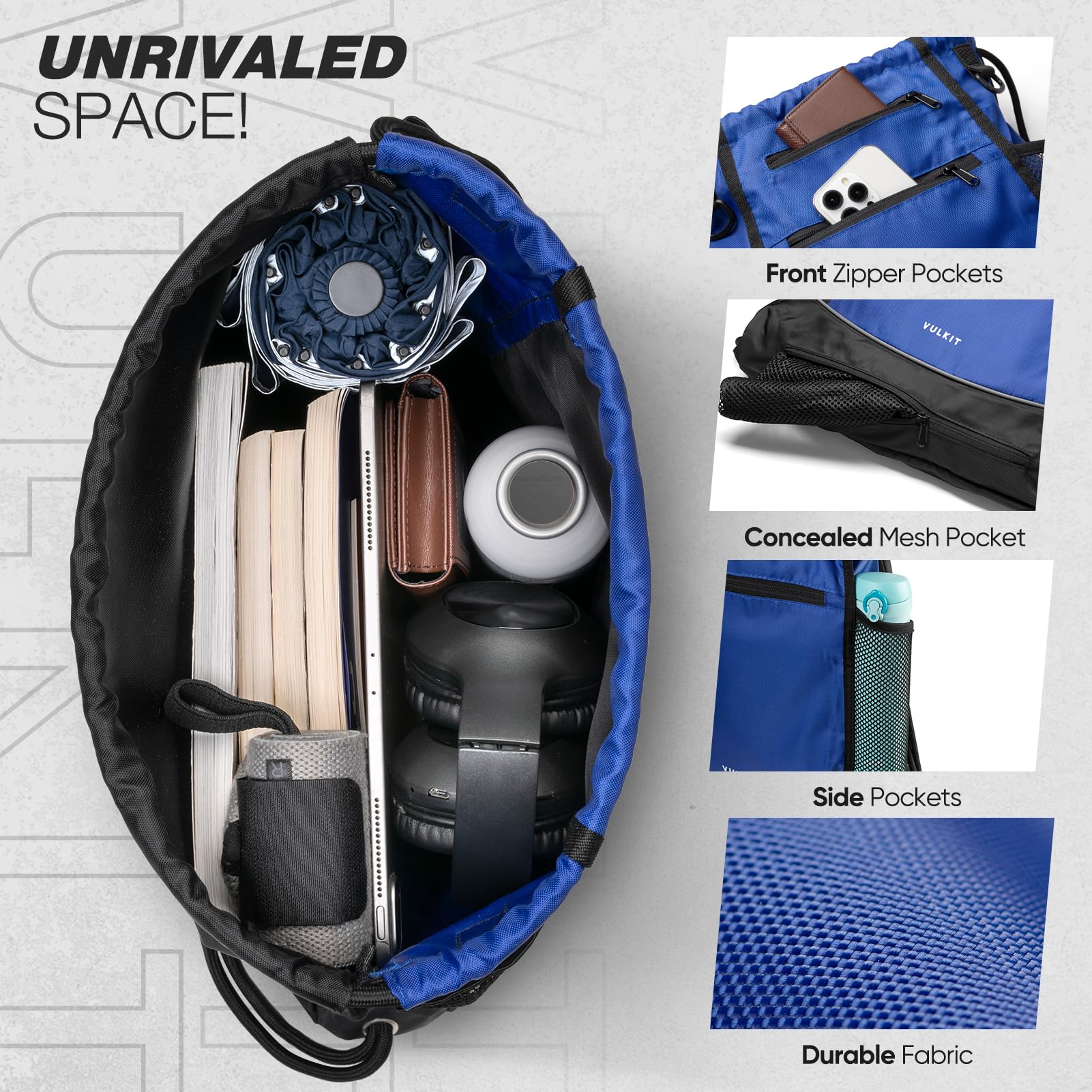 VULKIT Sac à dos avec cordon de serrage, sac de sport pour homme et femme avec grande poche avant en maille pour équipement de basket-ball, de football, sac de natation