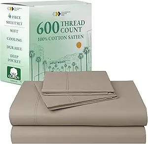 California Design Den California King Sheet Set - 100% Cotton, 600 Thread Count Deep Pocket Cal King Sheet Set, Luxury Soft Hotel-Quality Sheets with Sateen Weave (Cool Taupe)