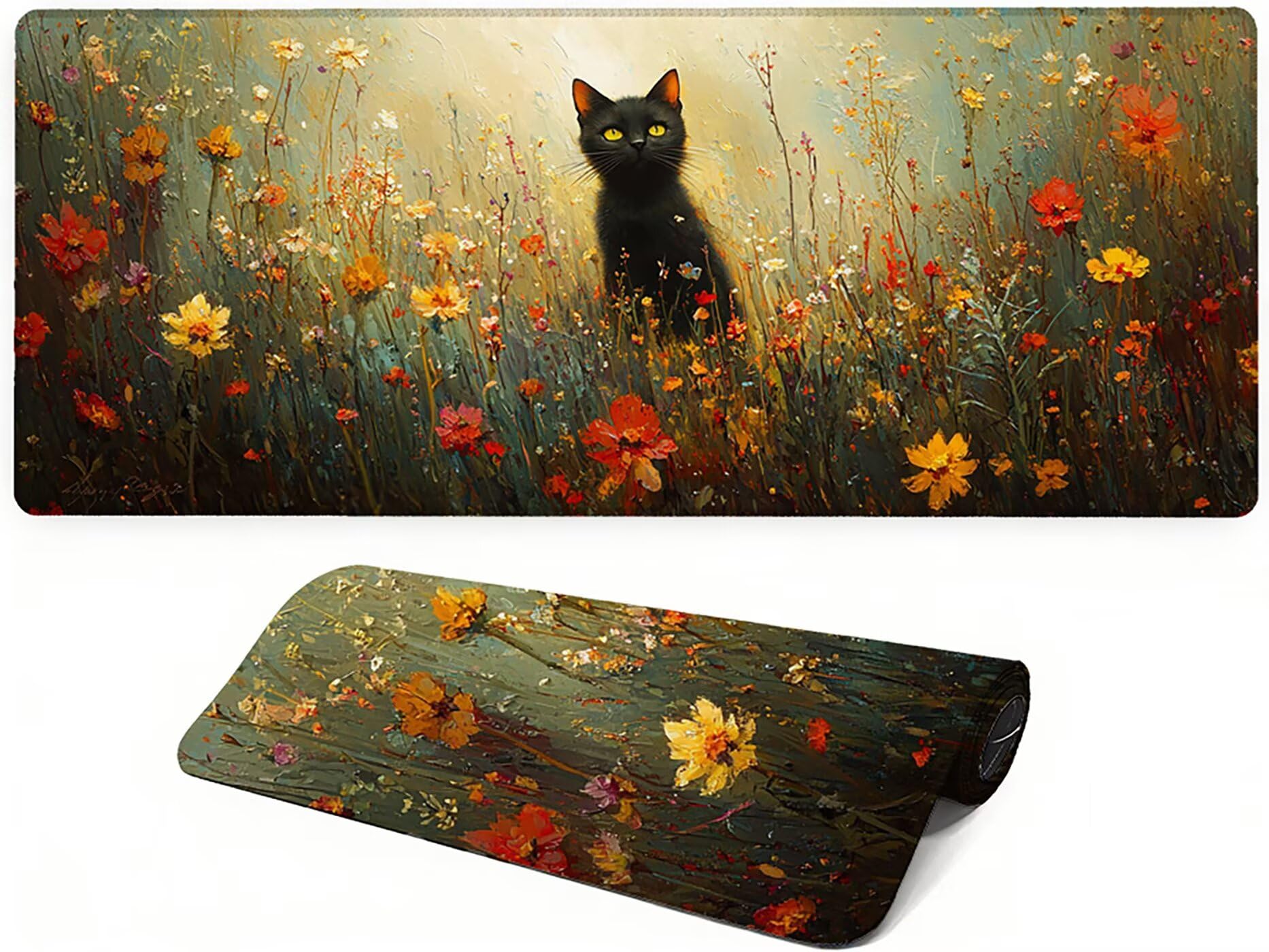 Lpfieonn Blume Großes Schreibtischunterlage, XXL Schreibtischunterlagen, Katze XXL Wasserdicht Gaming Mousepad mit Vernähter Rand und Rutschfeste Gummibasis, für Laptop/Hause/Büro 120x60cm PF-2077