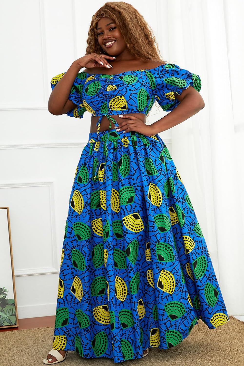 Women's African Print Shirt Dress Kente Wax Top and Skirt Set