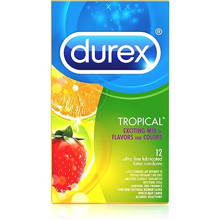 Durex Tropical Condoms, Natural Rubber Latex Condoms for Men, FSA & HSA Eligible, Exciting Flavors, 12 Count (Pack of 1)