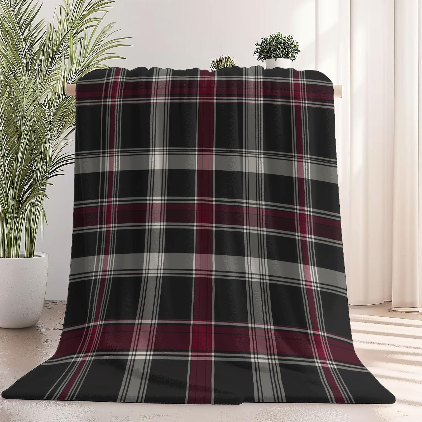 Nadruk Ciemnoszary koc polarowy, prosty puszysty wzór w szkocki, przytulny flanelowy koc dla nastolatków i dorosłych, 220 x 238 cm, na łóżko na sofę