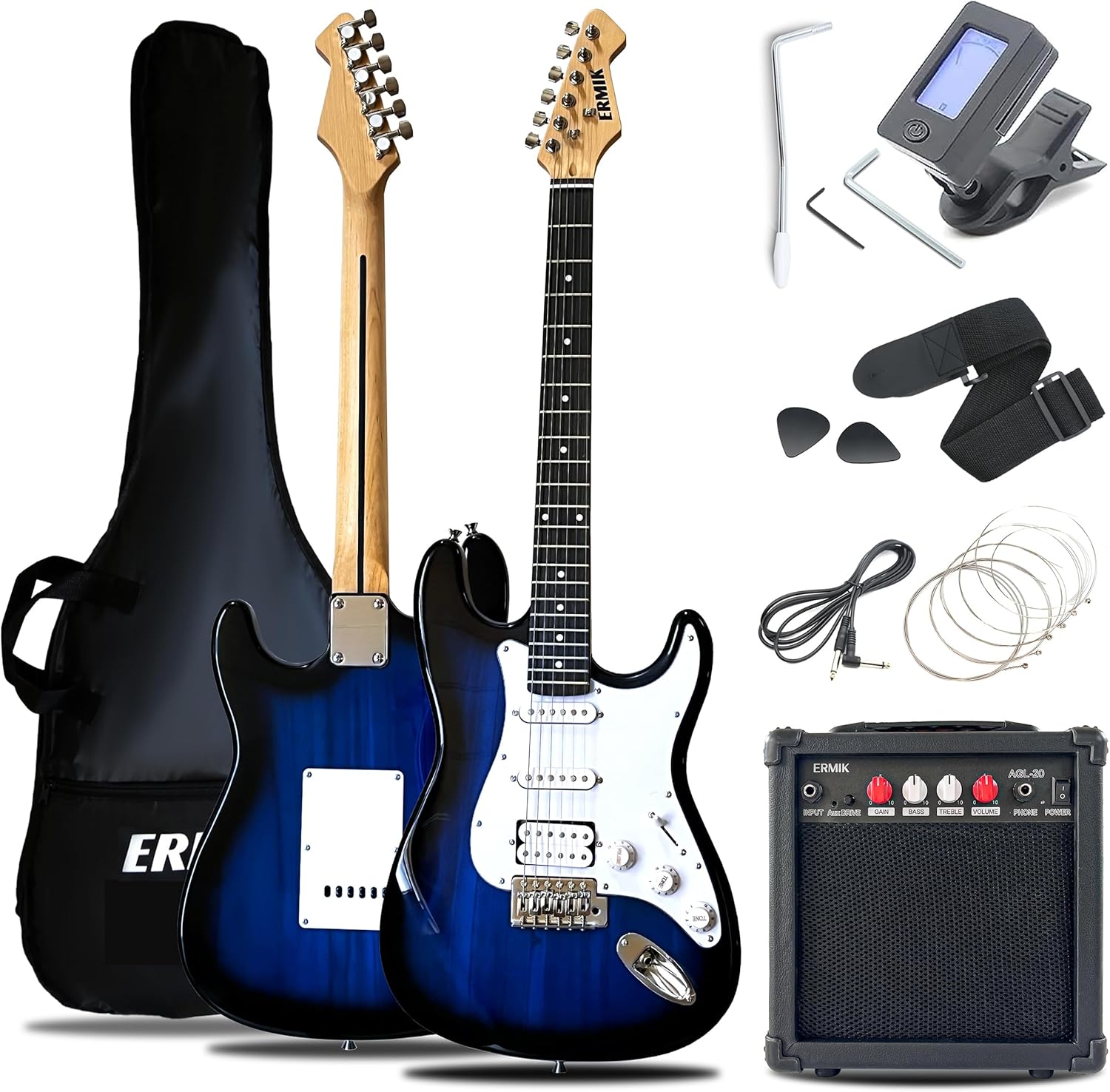 Ermik Soild Body Electric Guitar Kit with Amp 20W, Strings, Strap, Digital Tuner, Picks, Gig Bag, Cable, Tremolo Bar, 39" Full Size Guitar HSS Pickups Guitarra Electrica Beginner Gift - Blue