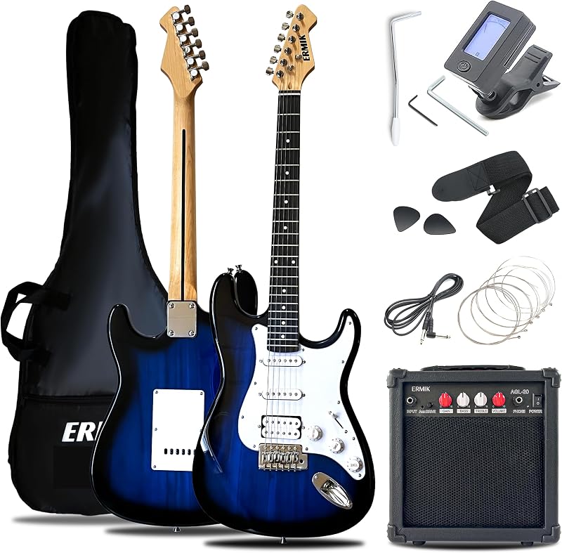 Ermik Solid Body Electric Guitar Kit with Amp 20W, Strings, Strap, Digital Tuner, Picks, Gig Bag, Cable, Tremolo Bar, 39" Full Size Guitar HSS Pickups Guitarra Electrica Beginner Gift - Blue