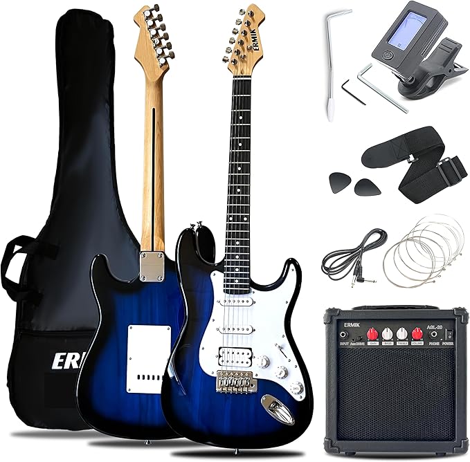 Ermik Soild Body Electric Guitar Kit with Amp 20W, Strings, Strap, Digital Tuner, Picks, Gig Bag, Cable, Tremolo Bar, 39" Full Size Guitar HSS Pickups Guitarra Electrica Beginner Gift - Blue