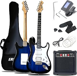 Ermik Soild Body Electric Guitar Kit with Amp 20W, Strings, Strap, Digital Tuner, Picks, Gig Bag, Cable, Tremolo Bar, 39" Full Size Guitar HSS Pickups Guitarra Electrica Beginner Gift - Blue