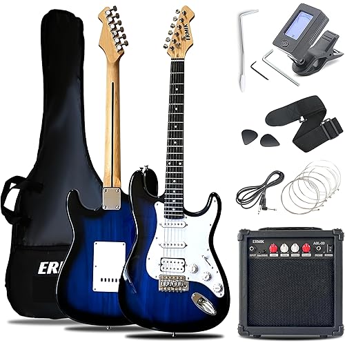 Ermik Soild Body Electric Guitar Kit with Amp 20W, Strings, Strap, Digital Tuner, Picks, Gig Bag, Cable, Tremolo Bar, 39" Full Size Guitar HSS Pickups Guitarra Electrica Beginner Gift - Blue