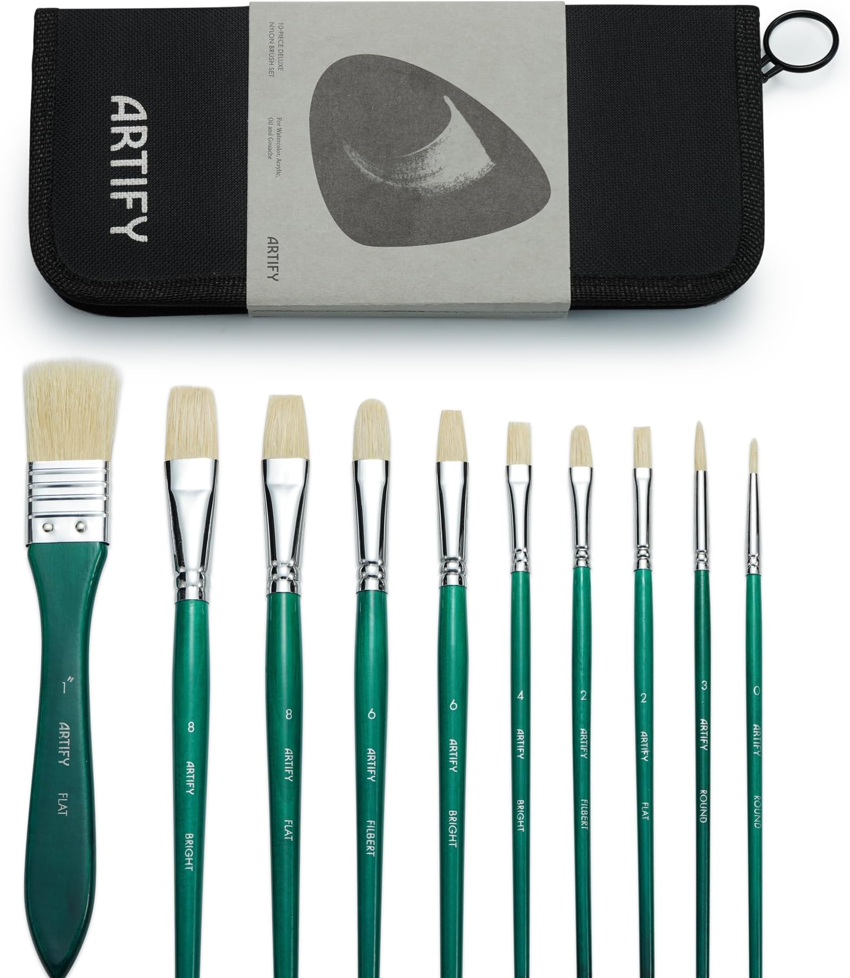 Artify 絵筆セット 10本入り 筆セット 水彩 油彩 油絵 アクリル ガッシュ絵 豚毛ブラシ 絵具 画筆 ペイントブラシ ケース付き 丸型 平型 円頭 扇型筆 画材 グリーン