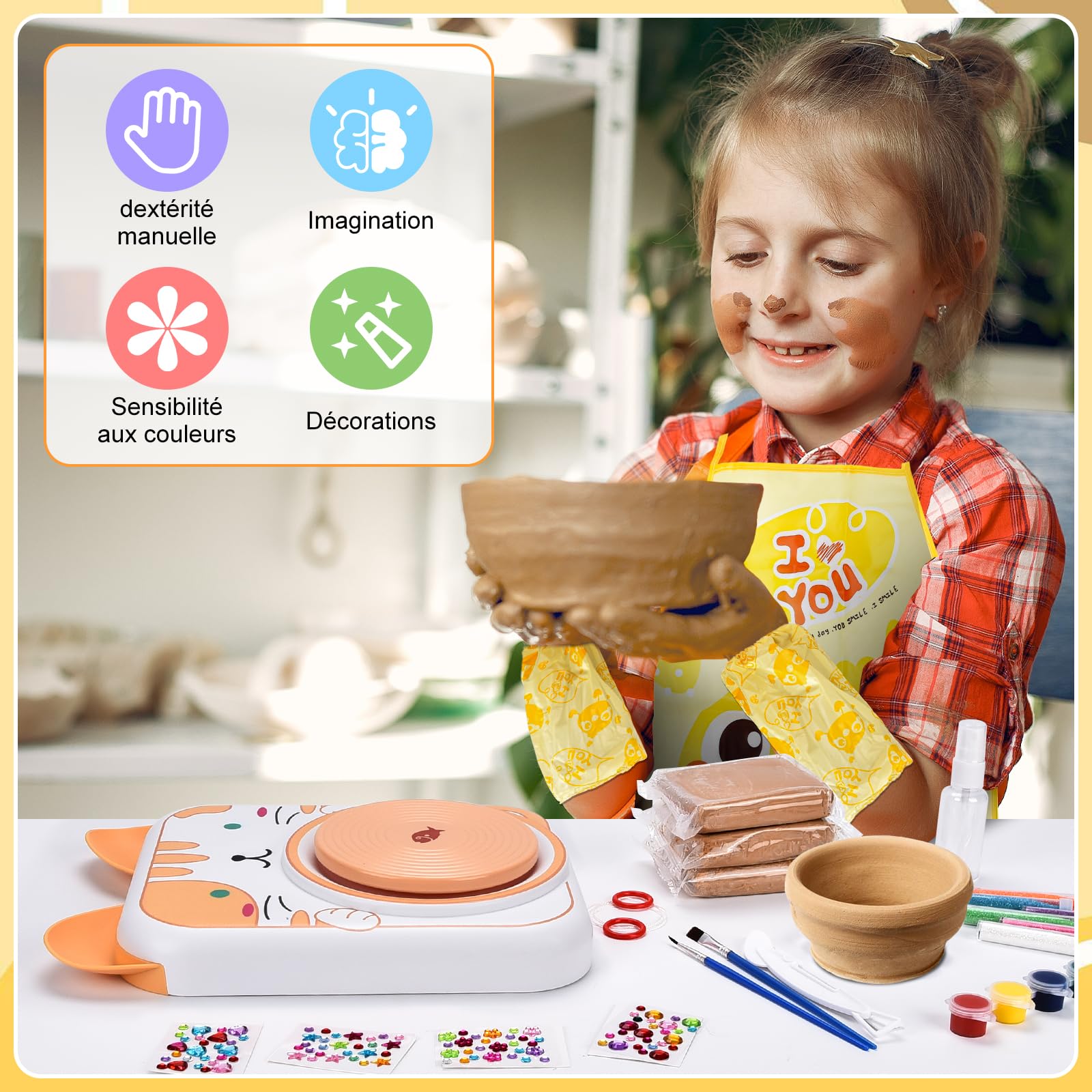 IEEILULU Kit de Poterie pour Enfants, Tour de Poterie Électrique, Kit Poterie Machine avec Argile de Poterie, Couleurs, Kit de Poterie Activité Manuelle pour Débutants (Chat)