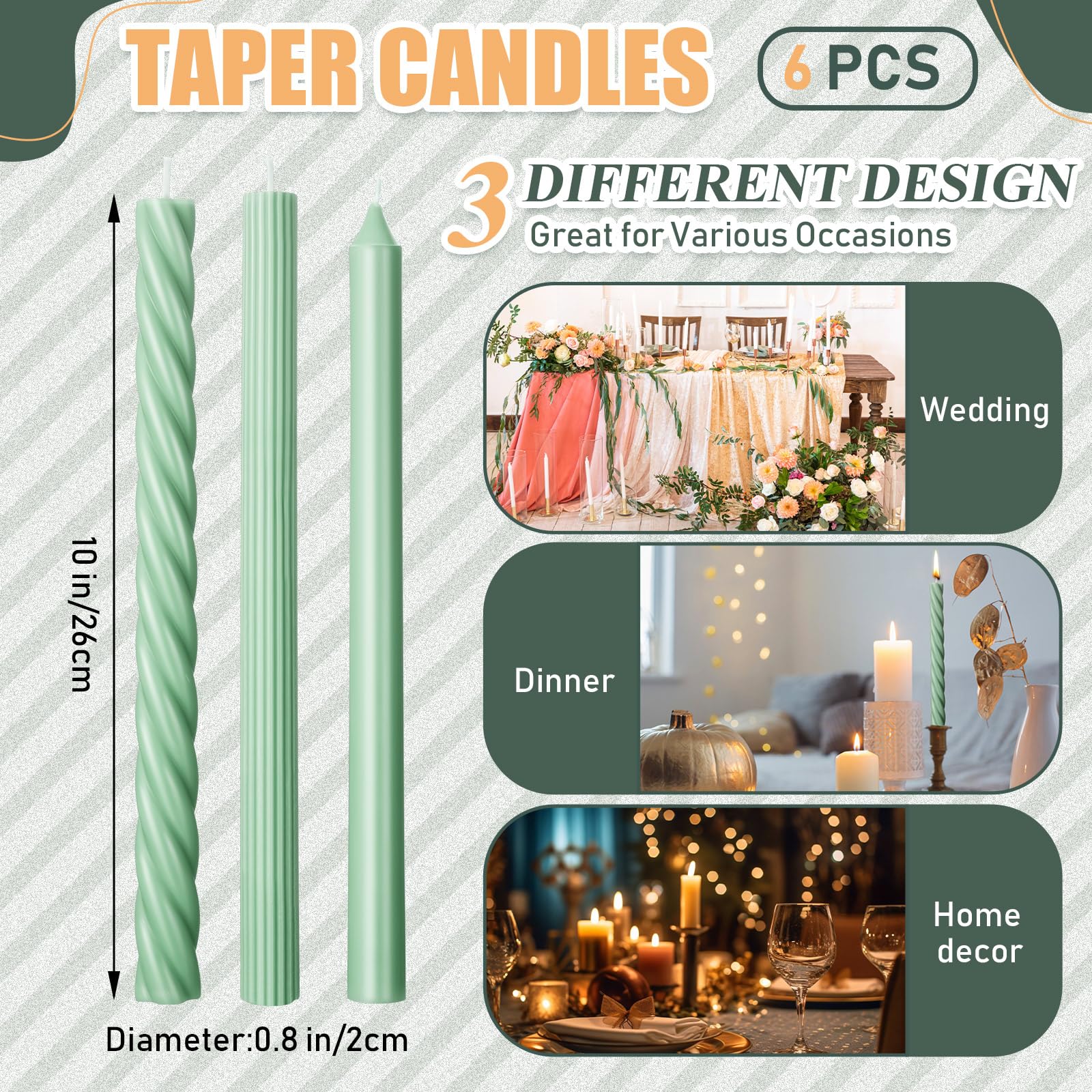 Threlaco 6 Pcs Spiral Taper Candles 10 Inches Unscented Dinner Tapered Candlesticks Green Candles Twisted Ribbed Tall Wax for Holiday Wedding Party Dinner Table Home Decoration