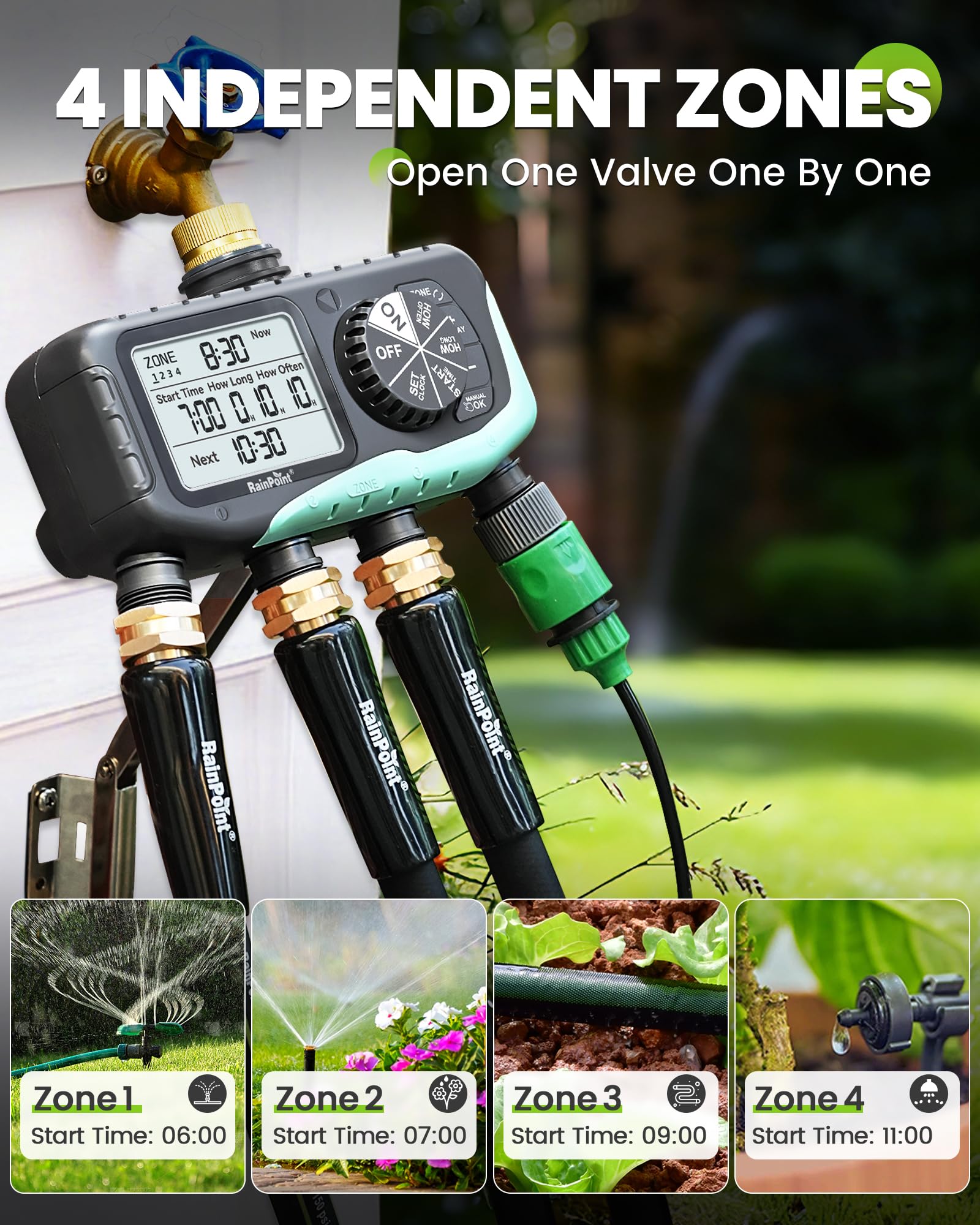 RAINPOINT Timer per irrigazione, 4 uscite, con ingresso in ottone con ritardo della pioggia/sistema di controllo manuale/automatico, digitale programmabile per prato, cortile, 4 zone