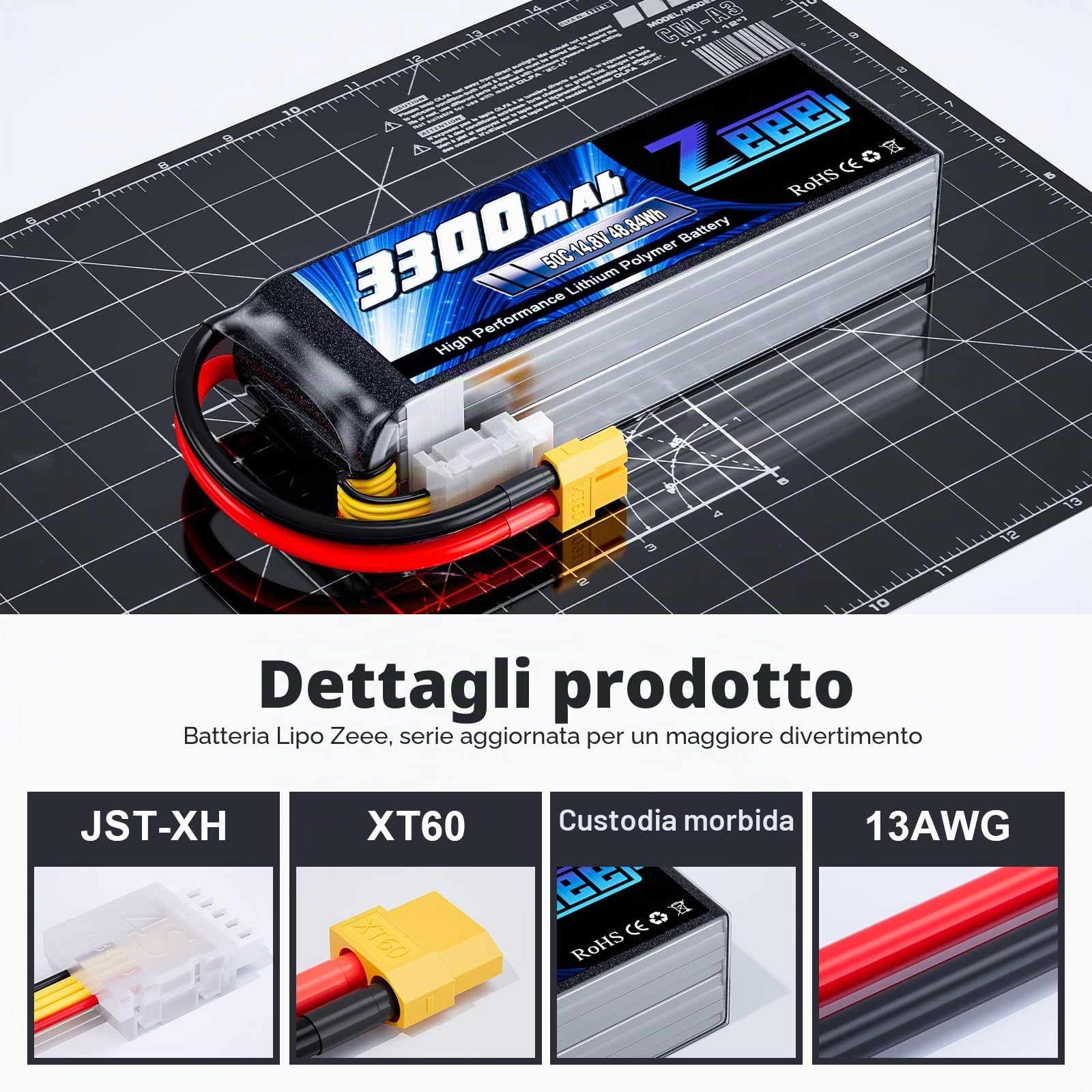 Zeee 4S Lipo 14,8V 50C 3300mAh RC Batteria con Connettore XT60 (2 pezzi) | Batteria RC per FPV Racing UAV Drone Veicolo a quattro assi elicottero RC Nave RC Veicolo RC Modells
