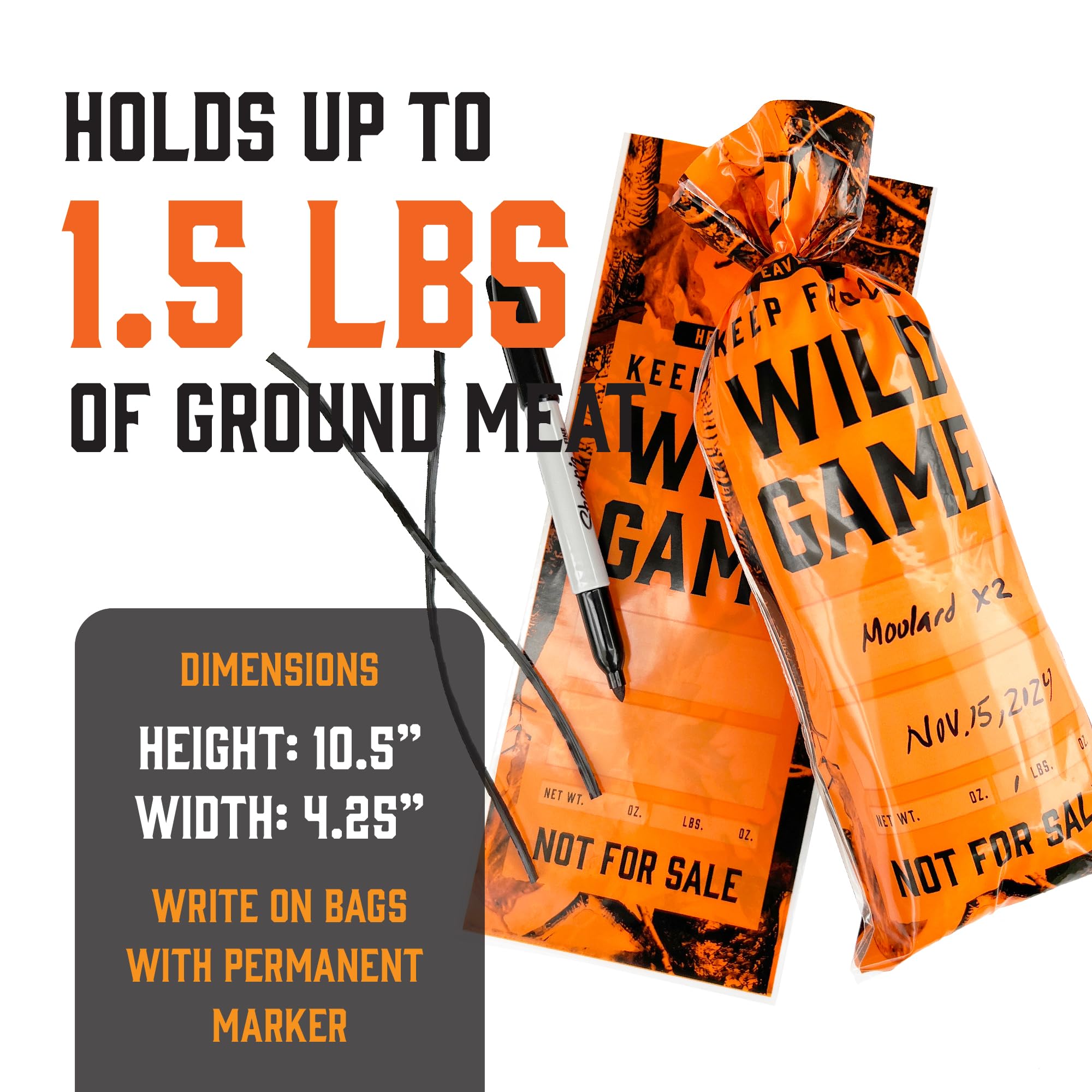 Wild Game - Bolsas de congelador para carne molida o venado, sistema de almacenamiento de embalaje de carne de caza de 1.5 libras con lazos giratorios para evitar quemaduras por congelador (50)